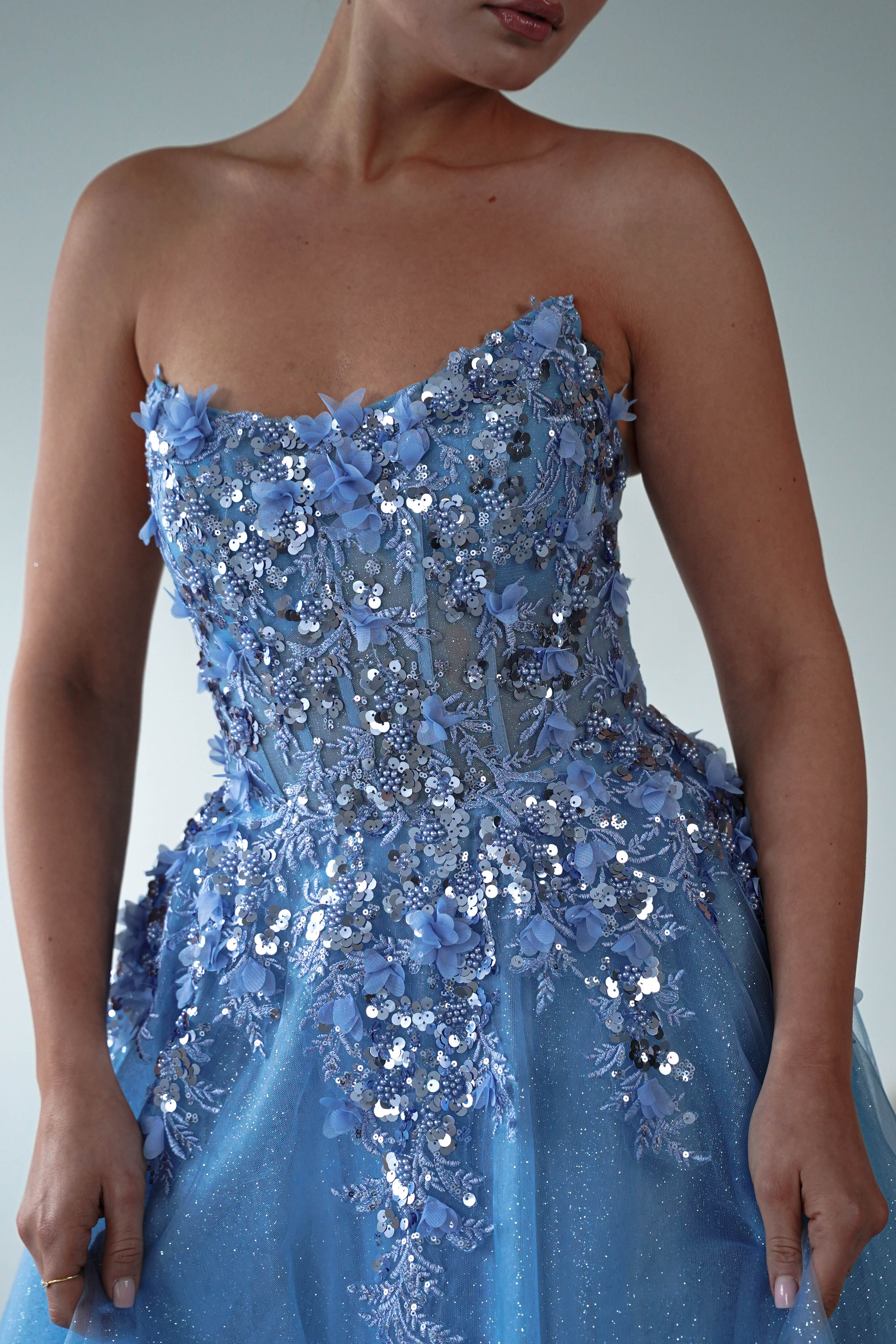 Oh Hello Clothing Women > Clothing > Dresses Francesca Strapless Floral Appliqué Ball Gown | Blue