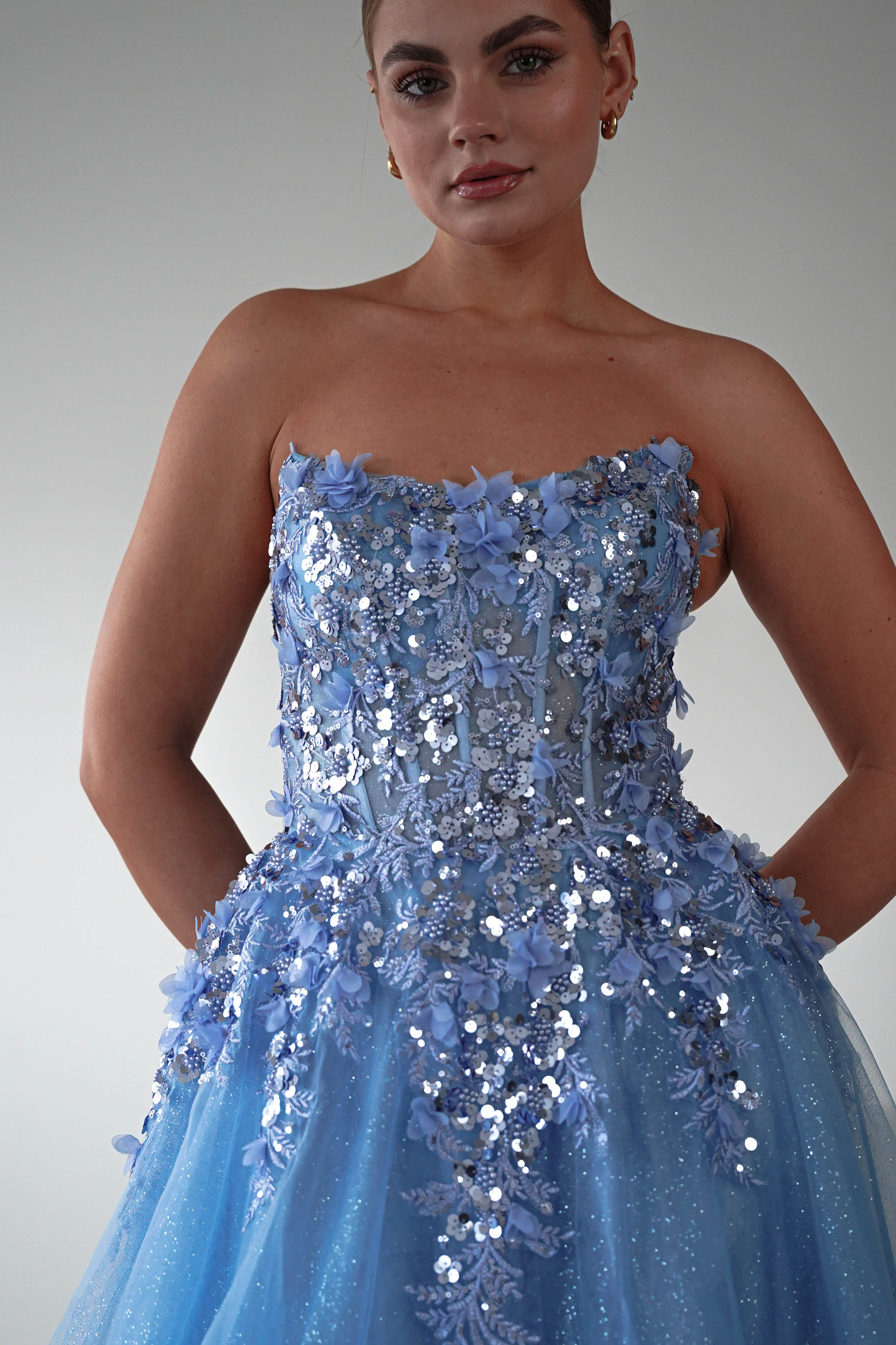 Oh Hello Clothing Women > Clothing > Dresses Francesca Strapless Floral Appliqué Ball Gown | Blue
