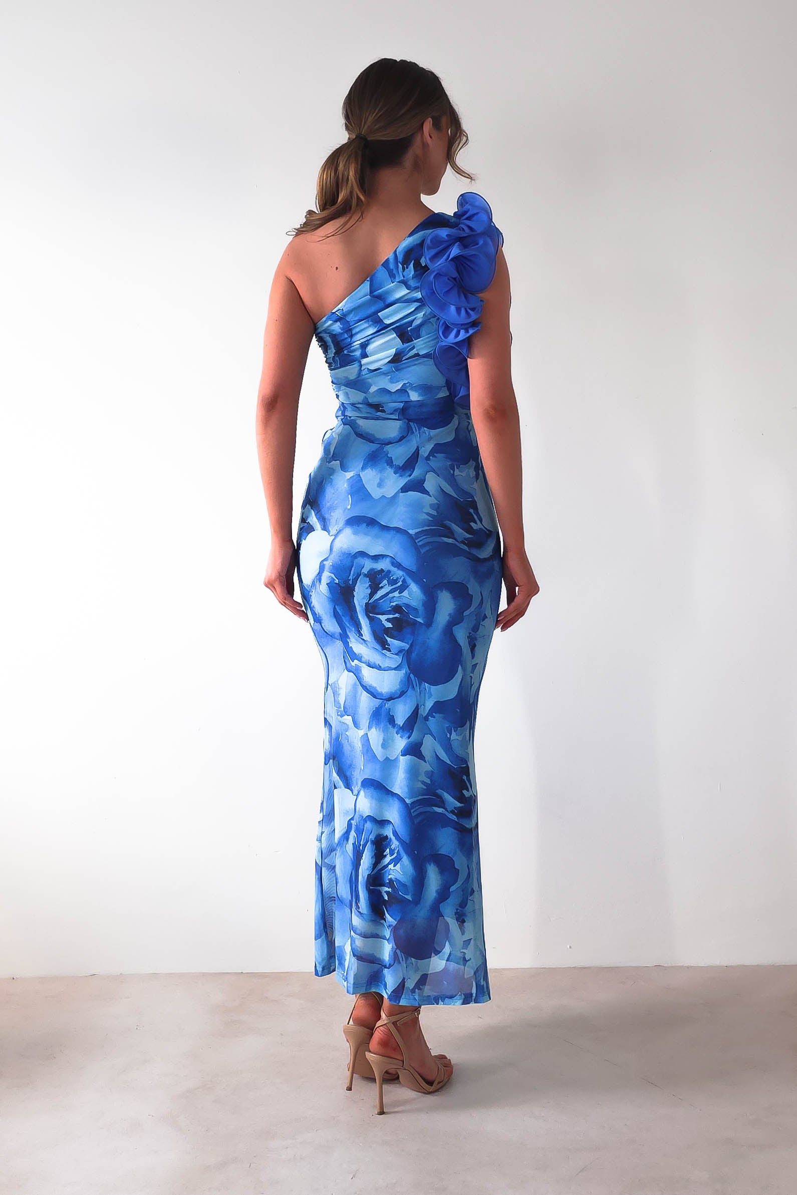 Genie Ruffle Printed Maxi Dress Blue | Wedding Guest Dress | Maxi | Oh Hello Clothing