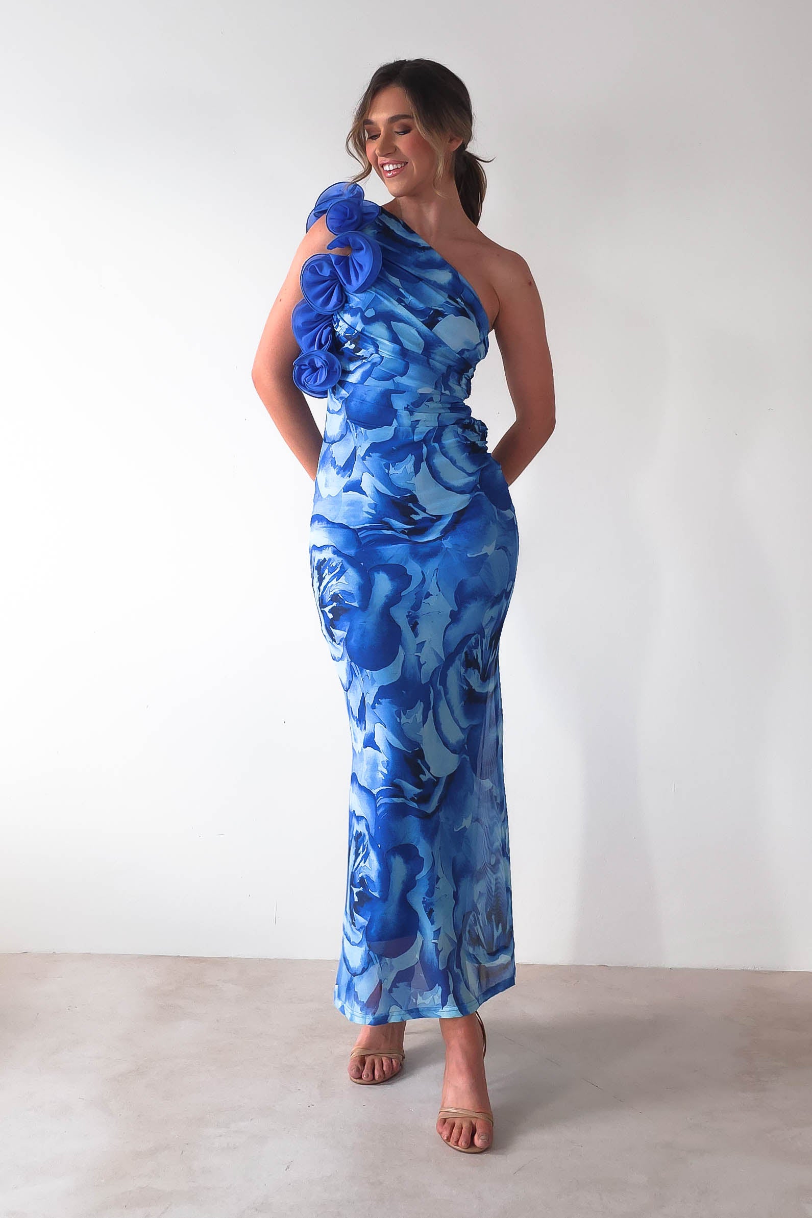 Genie Ruffle Printed Maxi Dress Blue | Wedding Guest Dress | Maxi | Oh Hello Clothing
