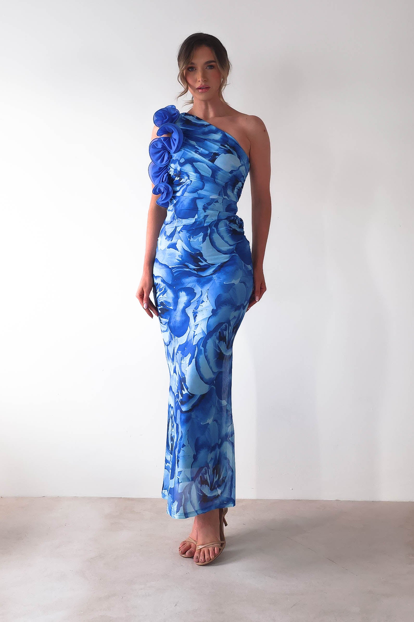 Genie Ruffle Printed Maxi Dress Blue | Wedding Guest Dress | Maxi | Oh Hello Clothing