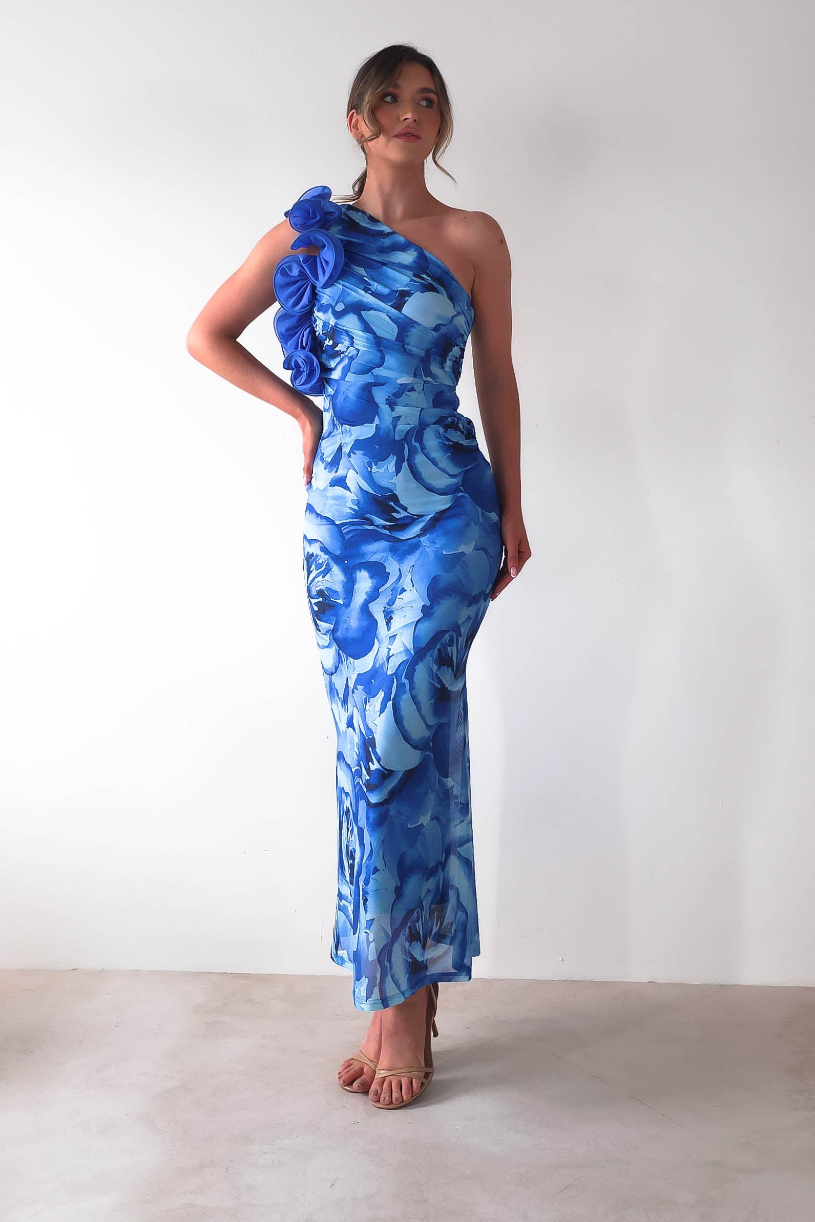 Genie Ruffle Printed Maxi Dress Blue | Wedding Guest Dress | Maxi | Oh Hello Clothing
