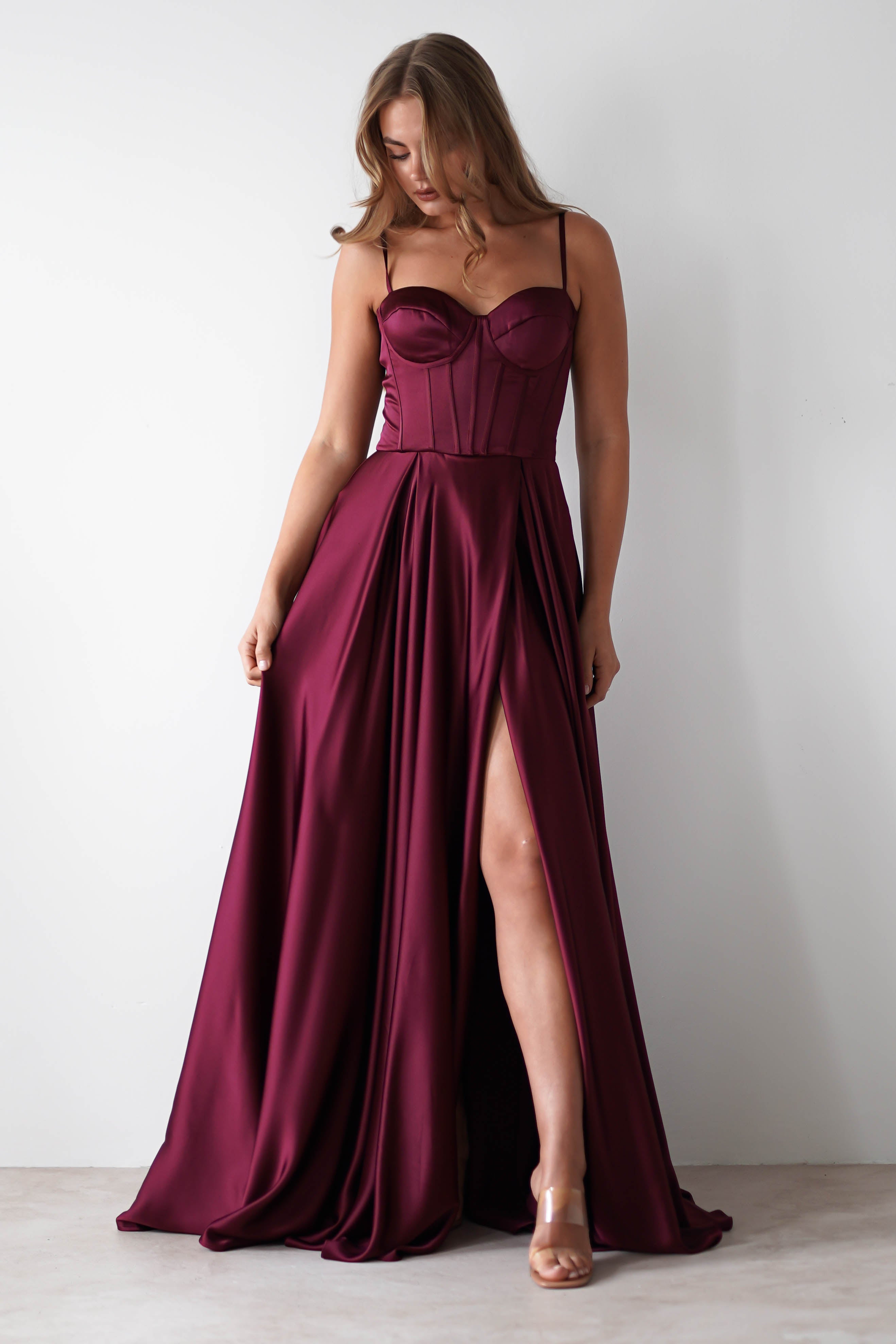 Georgia Soft Satin Maxi Gown | Burgundy | Debs & Prom | Formal Gown | Oh Hello Clothing