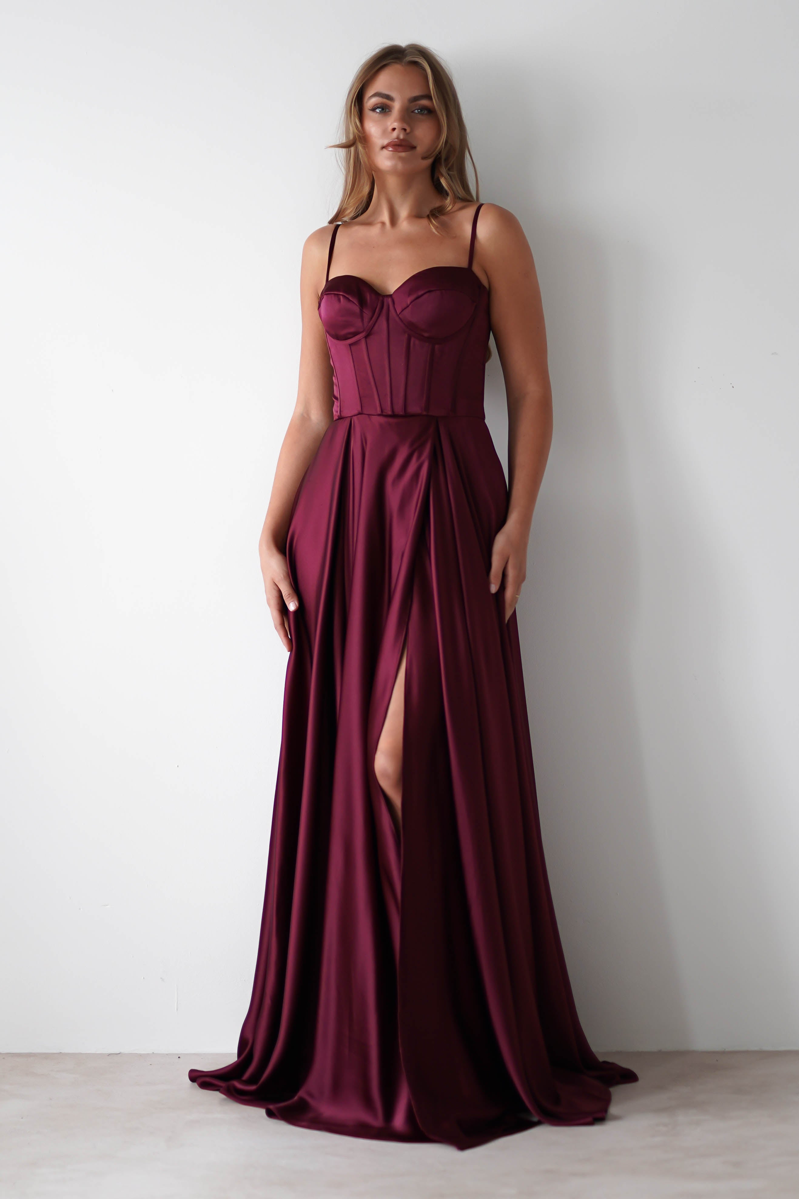 Georgia Soft Satin Maxi Gown | Burgundy | Debs & Prom | Formal Gown | Oh Hello Clothing