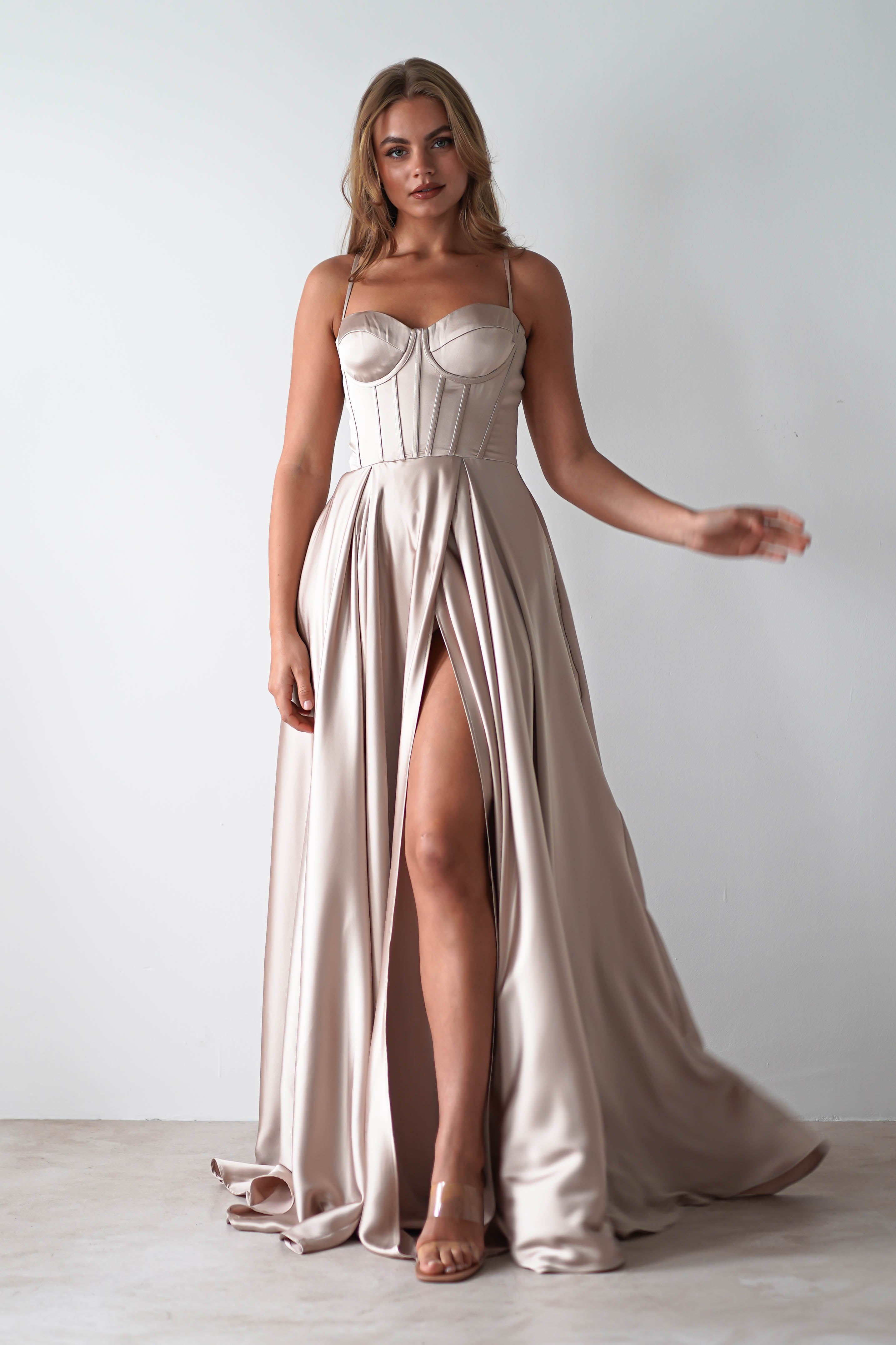 Georgia Soft Satin Maxi Gown | Champange | Debs & Prom | Formal Gown | Oh Hello Clothing