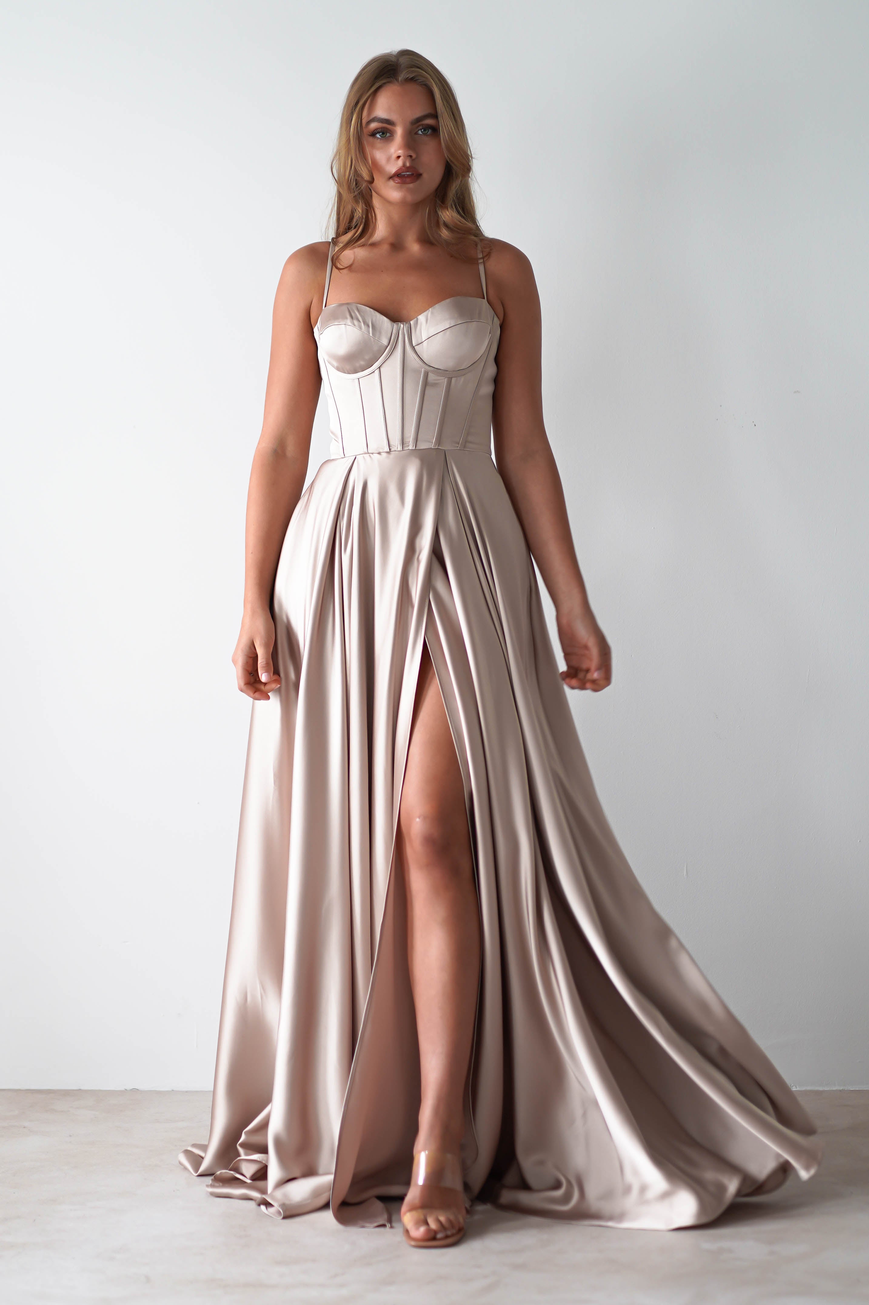 Georgia Soft Satin Maxi Gown | Champange | Debs & Prom | Formal Gown | Oh Hello Clothing