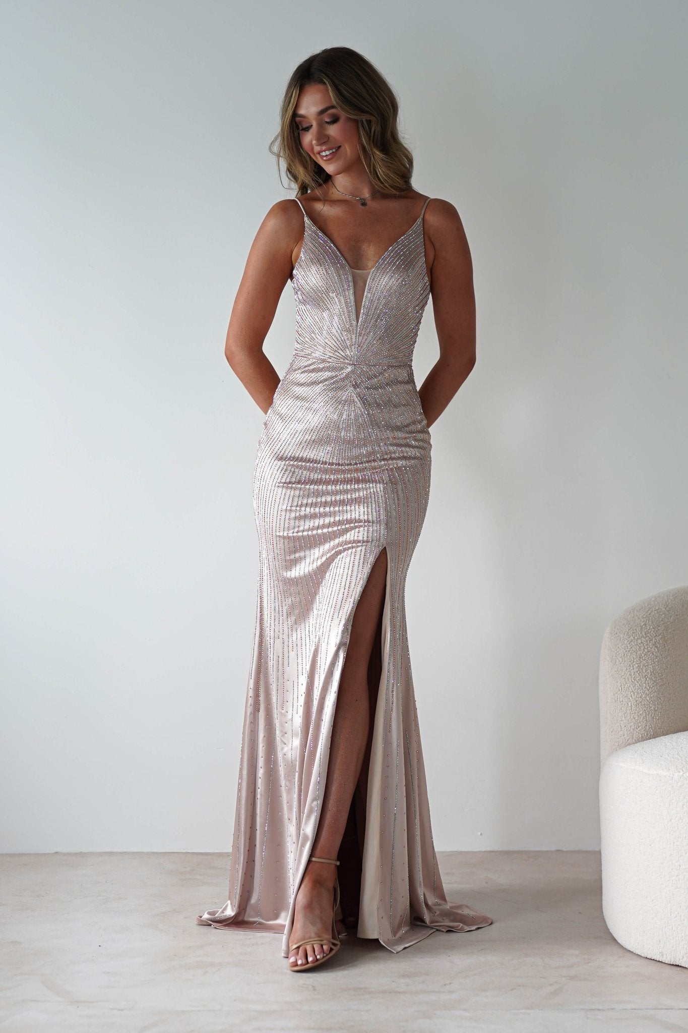 Gigi Rhinestone Bodycon Gown | Champange | Debs & Prom | Formal Gown | Oh Hello Clothing