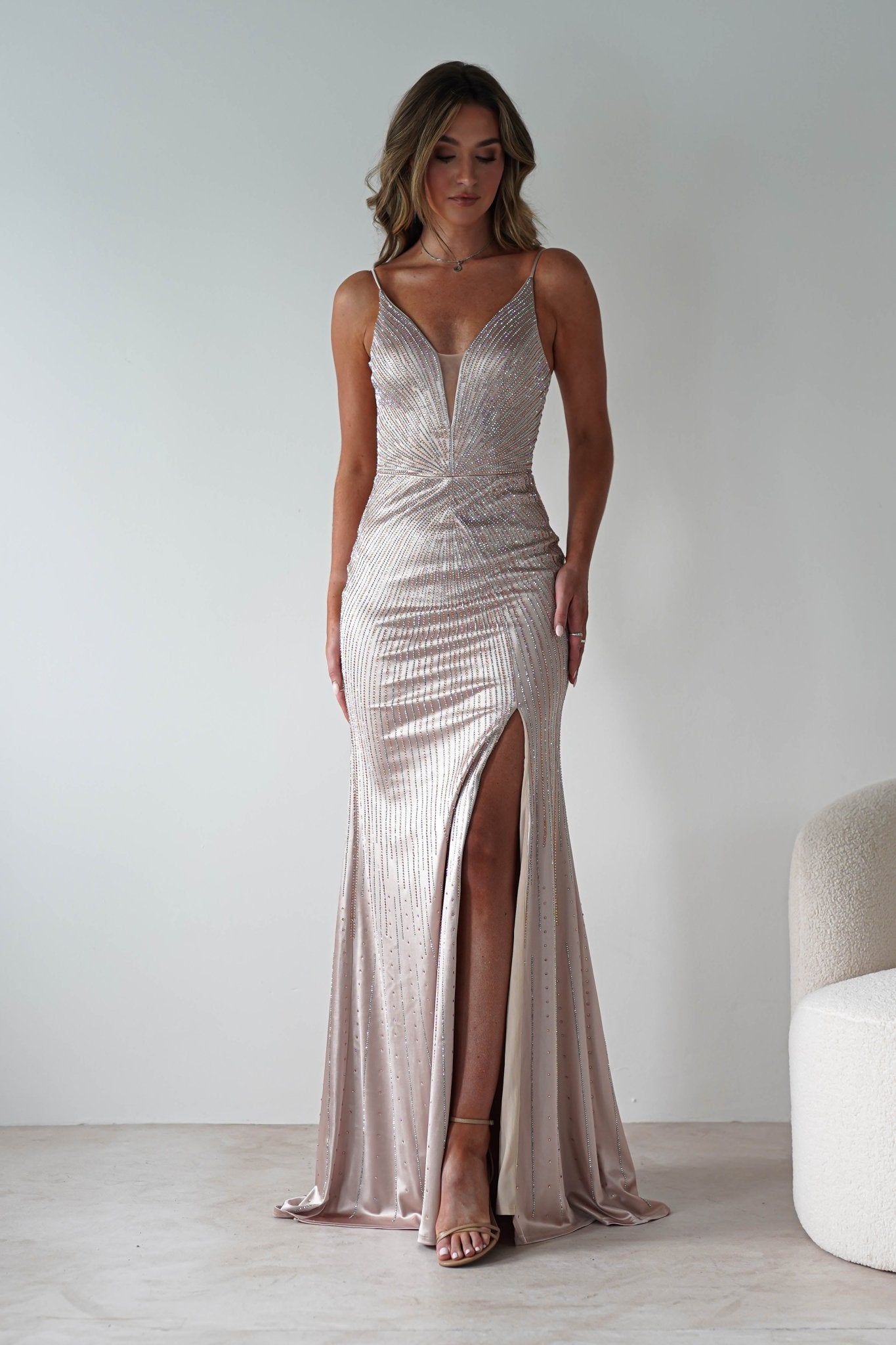 Gigi Rhinestone Bodycon Gown | Champange | Debs & Prom | Formal Gown | Oh Hello Clothing