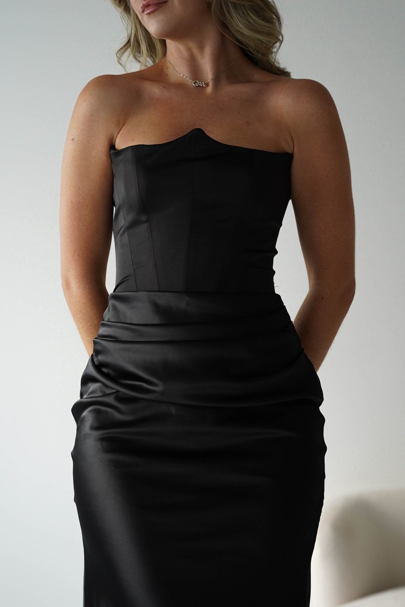 Giselle Corset Satin Maxi Dress Black | Black Tie Evening Dress | Corset Bodice | Maxi | Oh Hello Clothing