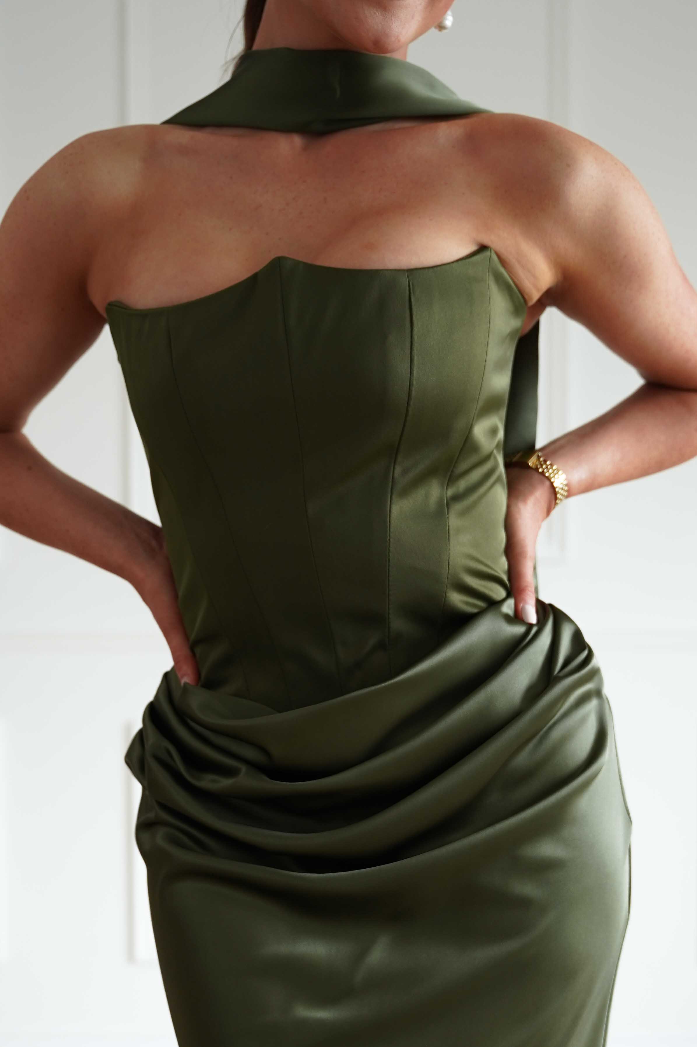 Oh Hello Clothing Dresses > Prom Dresses Giselle Corset Satin Maxi Dress | Olive
