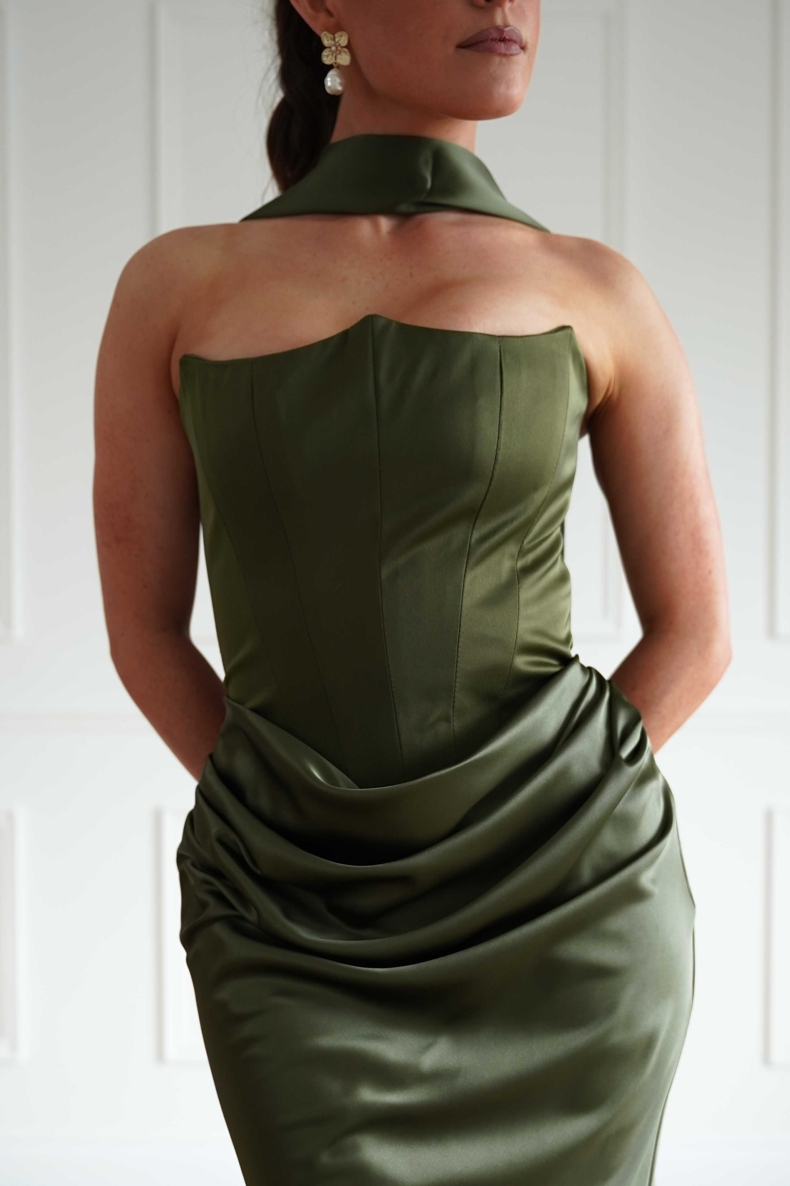 Oh Hello Clothing Dresses > Prom Dresses Giselle Corset Satin Maxi Dress | Olive