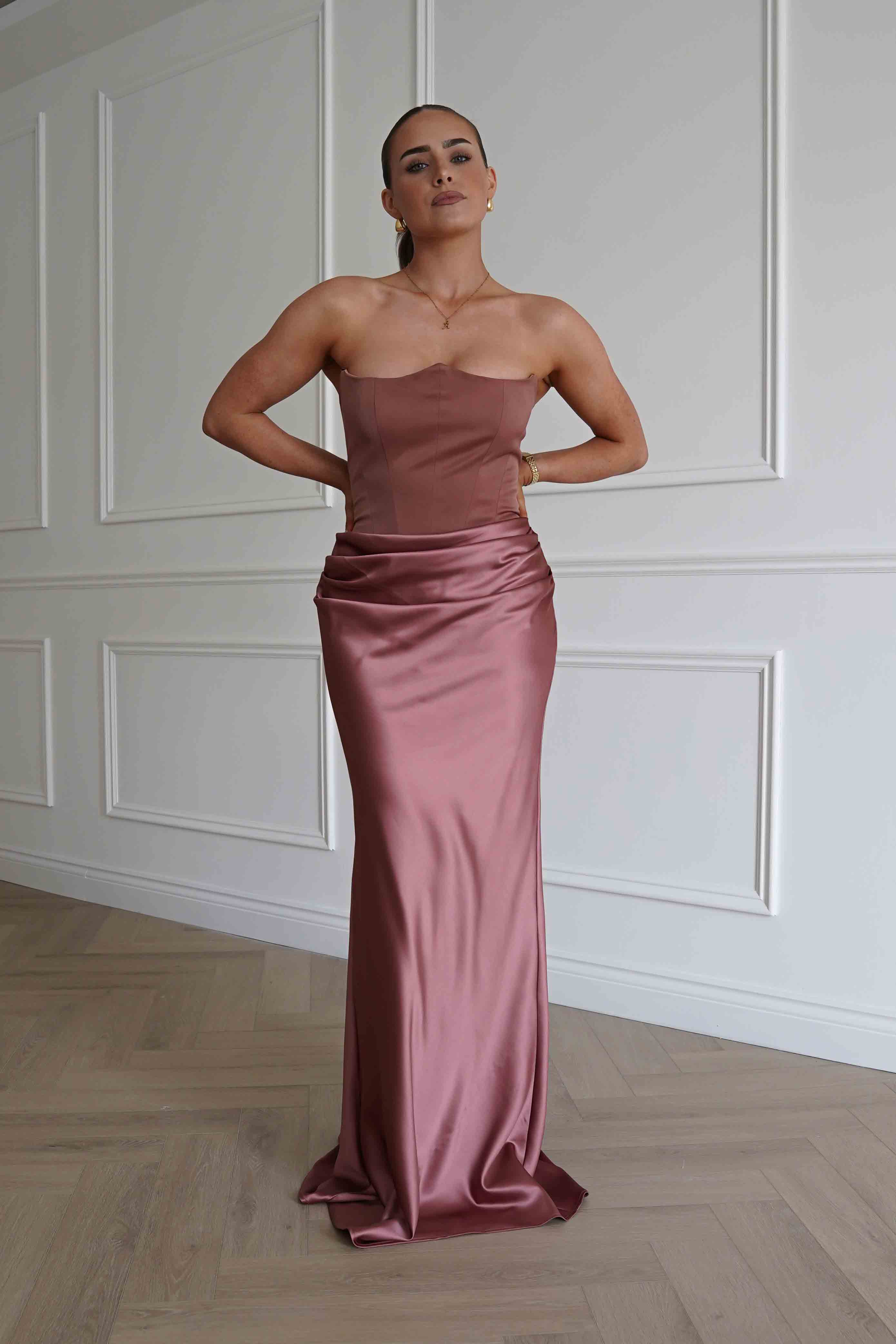 Oh Hello Clothing Dresses > Prom Dresses Giselle Corset Satin Maxi Dress | Rosewood