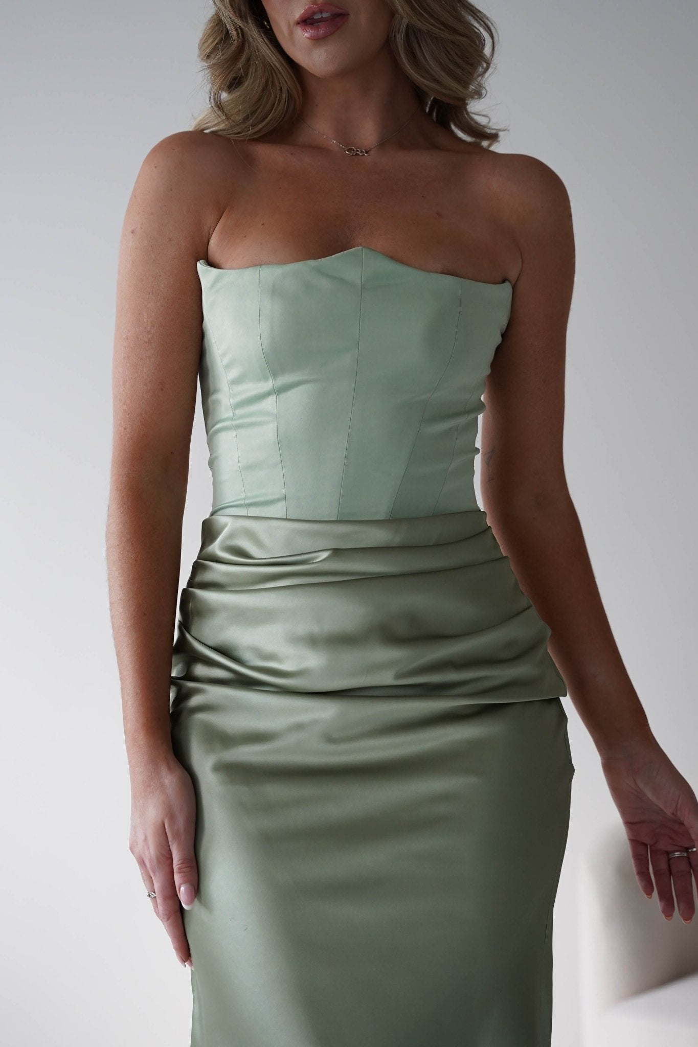 Giselle Corset Satin Maxi Dress Sage | Wedding Guest Dress | Corset Bodice | Maxi | Oh Hello Clothing