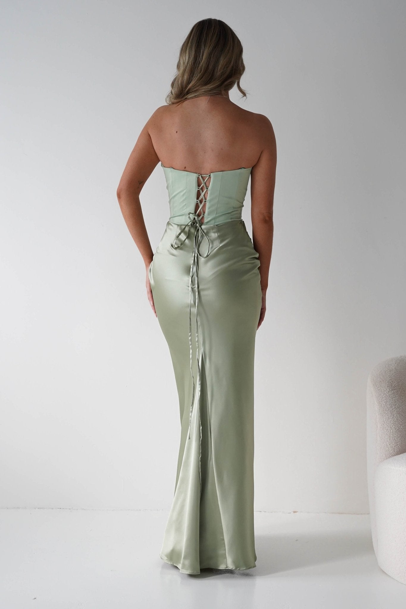 Giselle Corset Satin Maxi Dress Sage | Wedding Guest Dress | Corset Bodice | Maxi | Oh Hello Clothing
