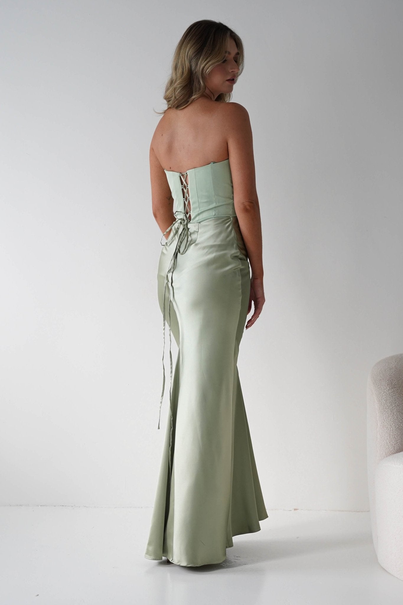 Giselle Corset Satin Maxi Dress Sage | Wedding Guest Dress | Corset Bodice | Maxi | Oh Hello Clothing