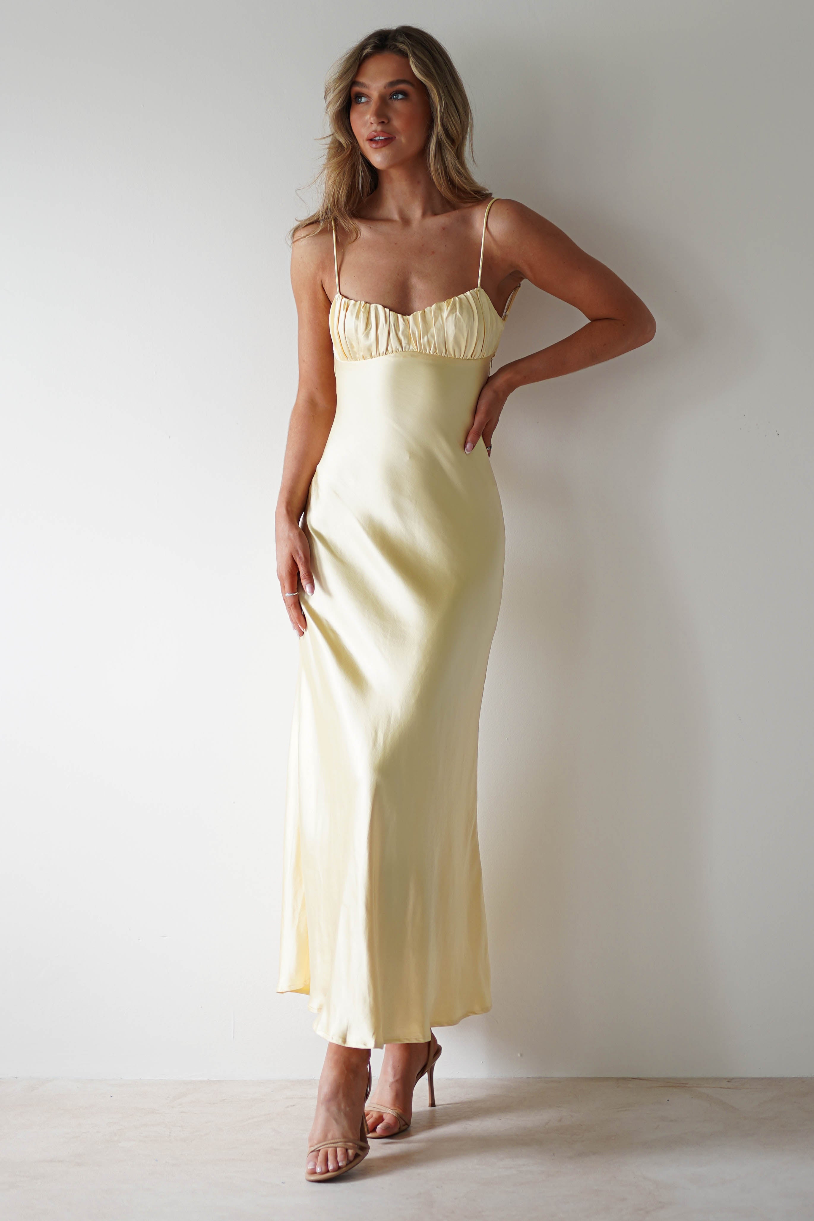 Grace Soft Satin Maxi Dress Yellow | Wedding Guest Dress | Maxi | Satin | Oh Hello Clothing