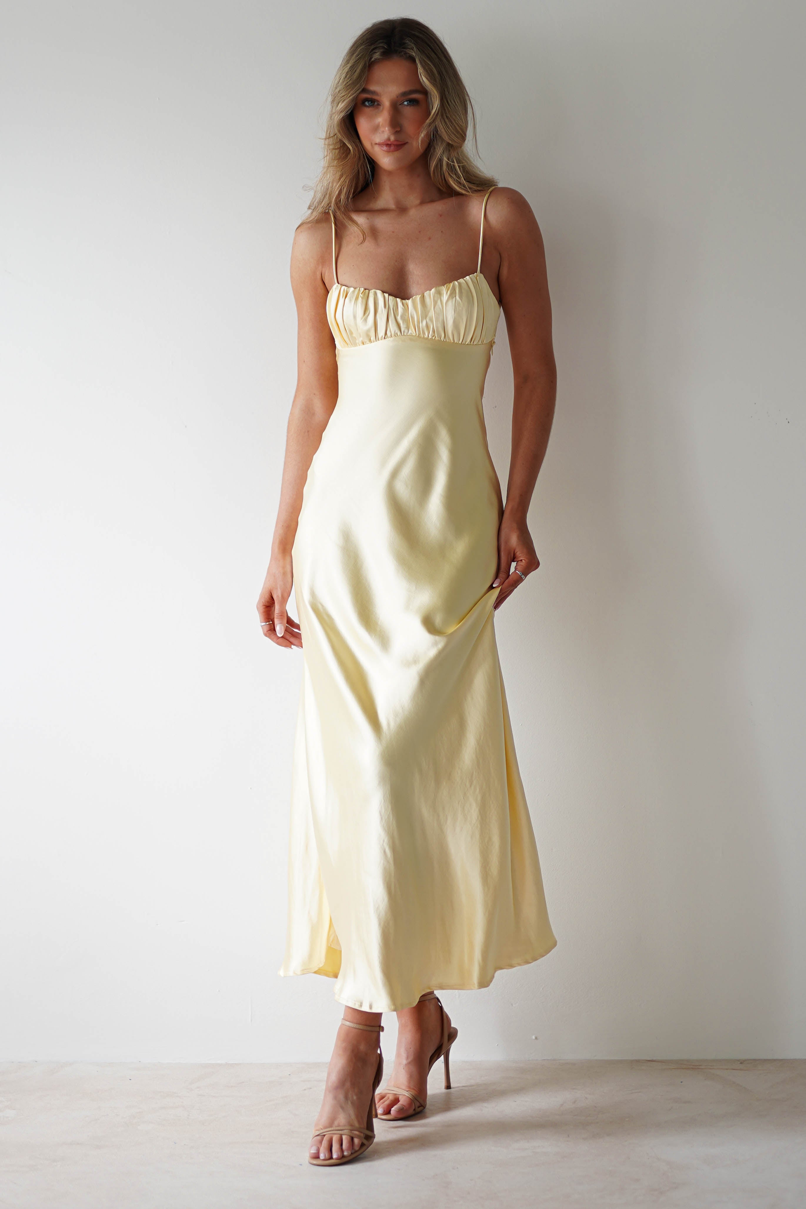Grace Soft Satin Maxi Dress Yellow | Wedding Guest Dress | Maxi | Satin | Oh Hello Clothing