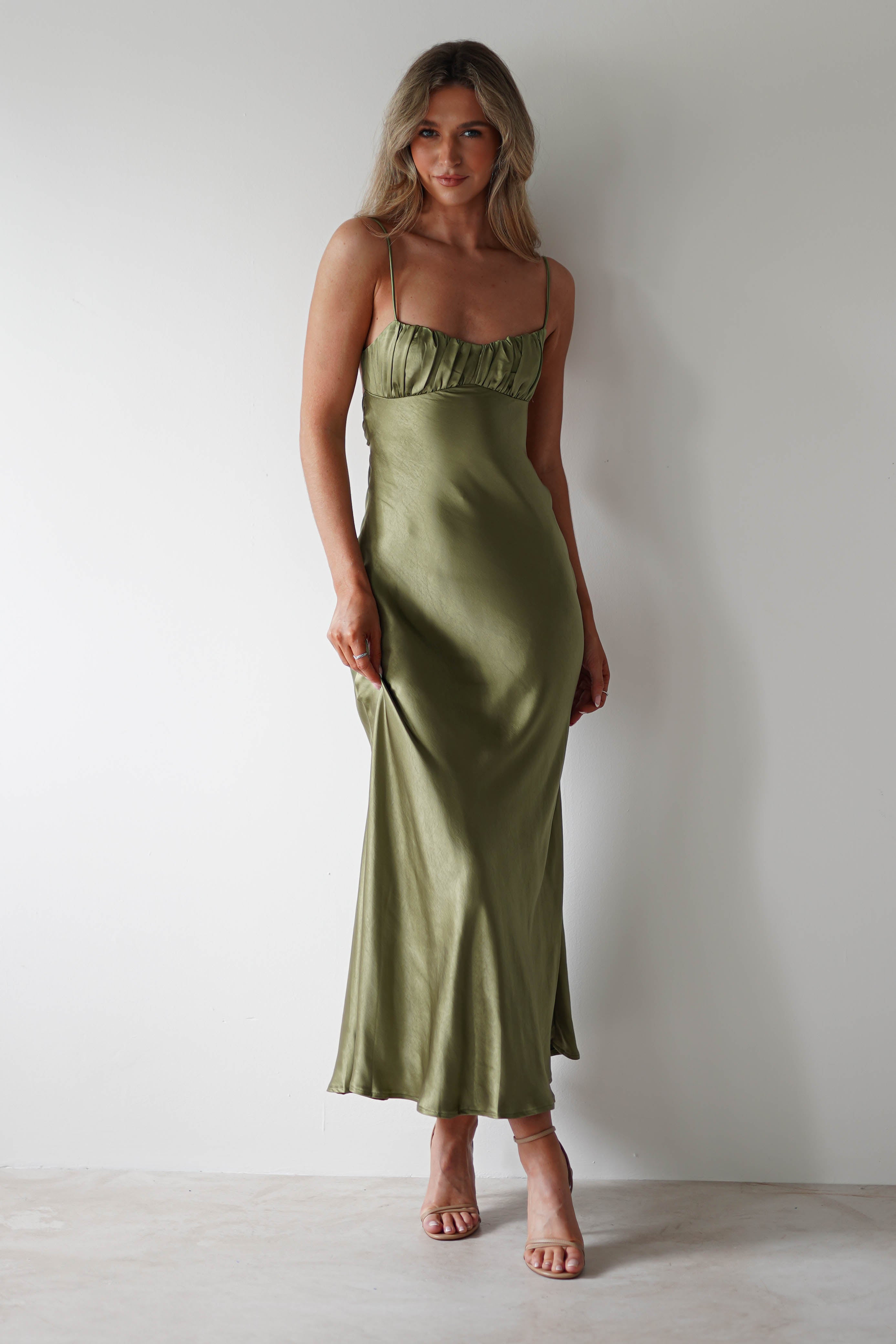 Grace Soft Satin Maxi Dress Olive | Wedding Guest Dress | Maxi | Satin | Oh Hello Clothing