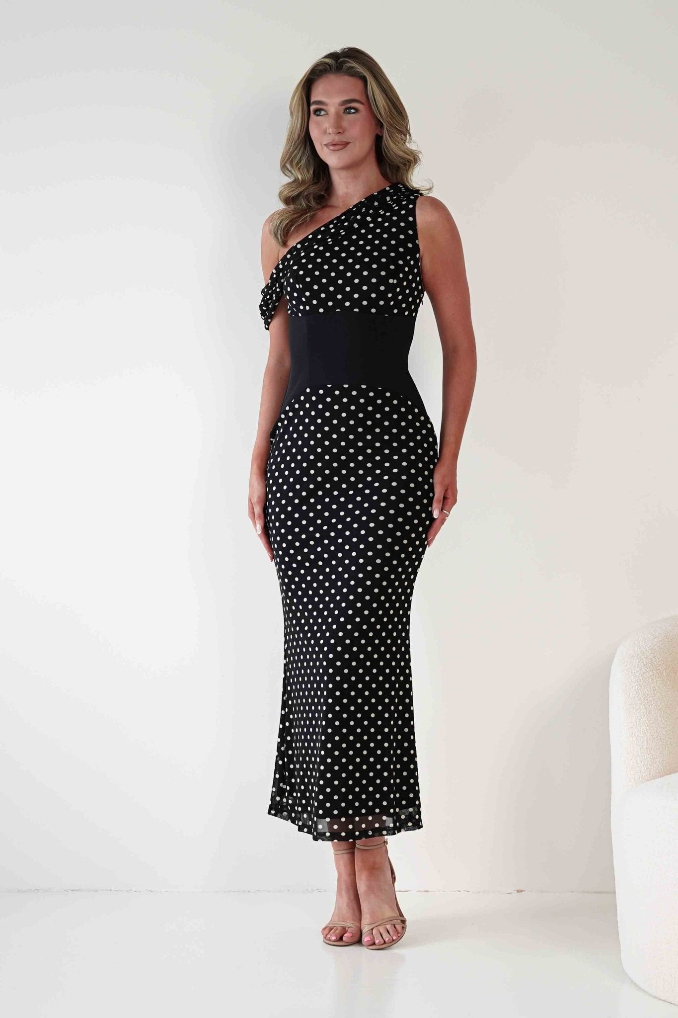 Hailey One Shoulder Polka Dot Dress Black | Wedding Guest Dress | One Shoulder | Oh Hello Clothing