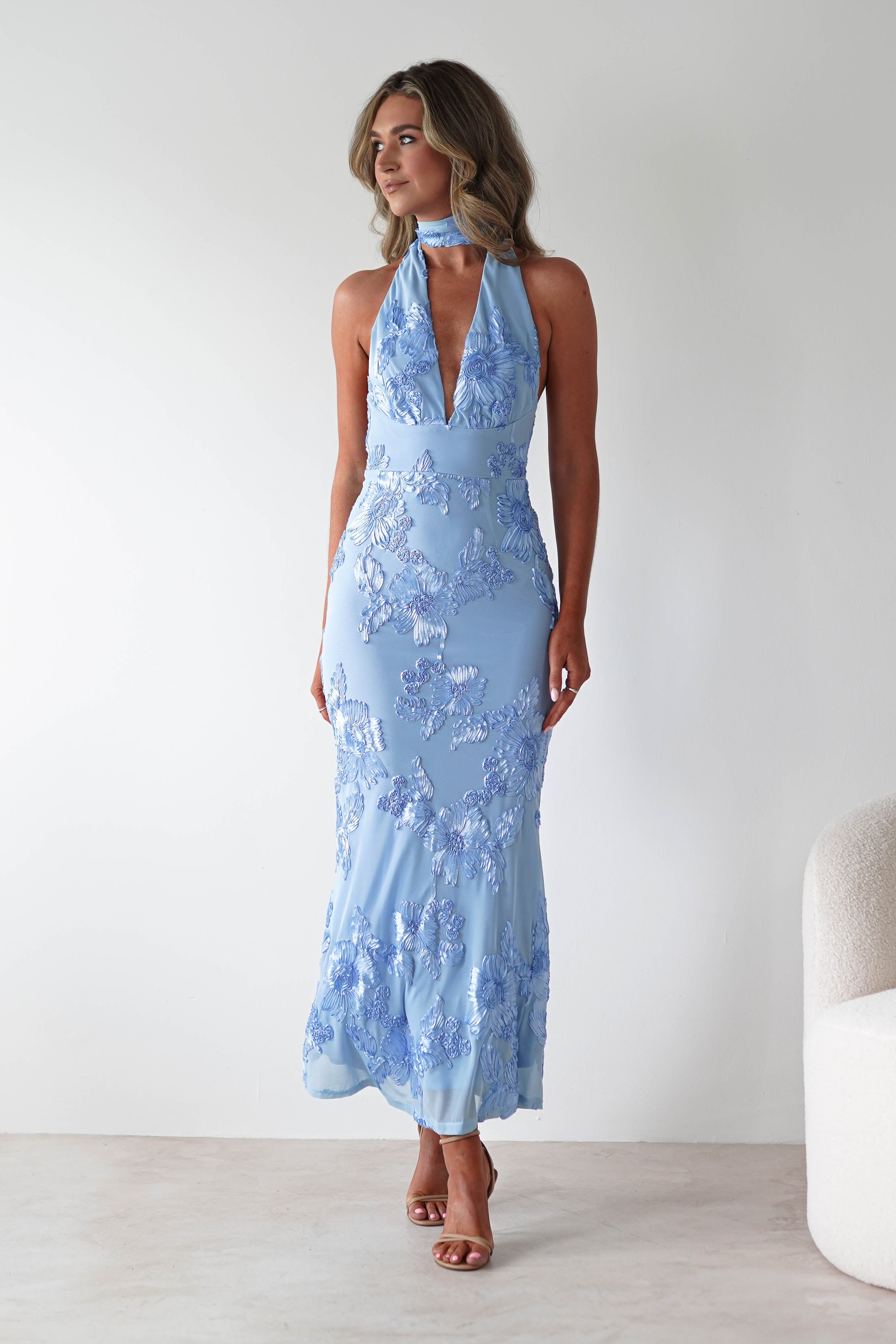Halsey Tie Back Maxi Dress Blue Textured | Wedding Guest Dress | Maxi | Oh Hello Clothing