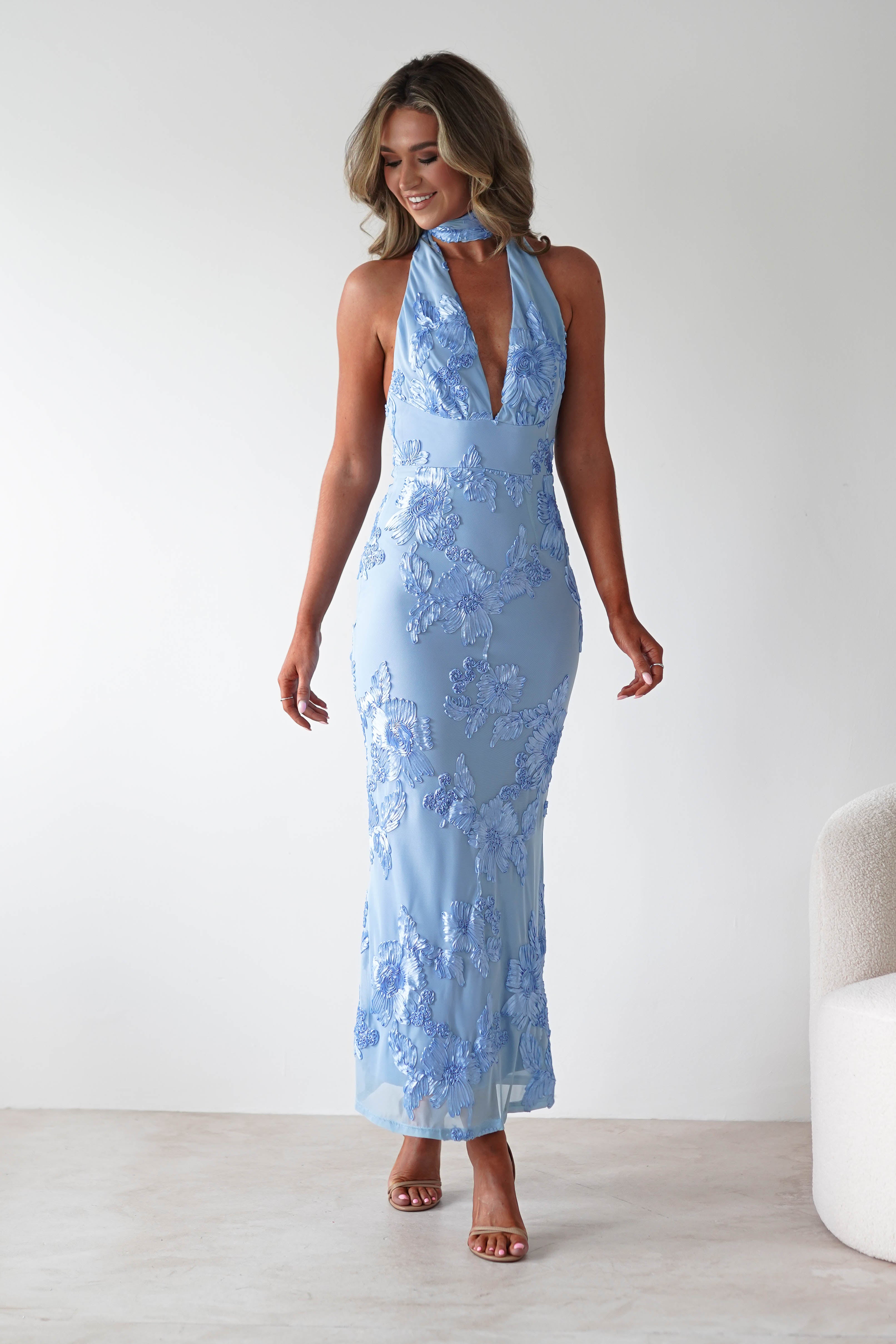 Halsey Tie Back Maxi Dress Blue Textured | Wedding Guest Dress | Maxi | Oh Hello Clothing