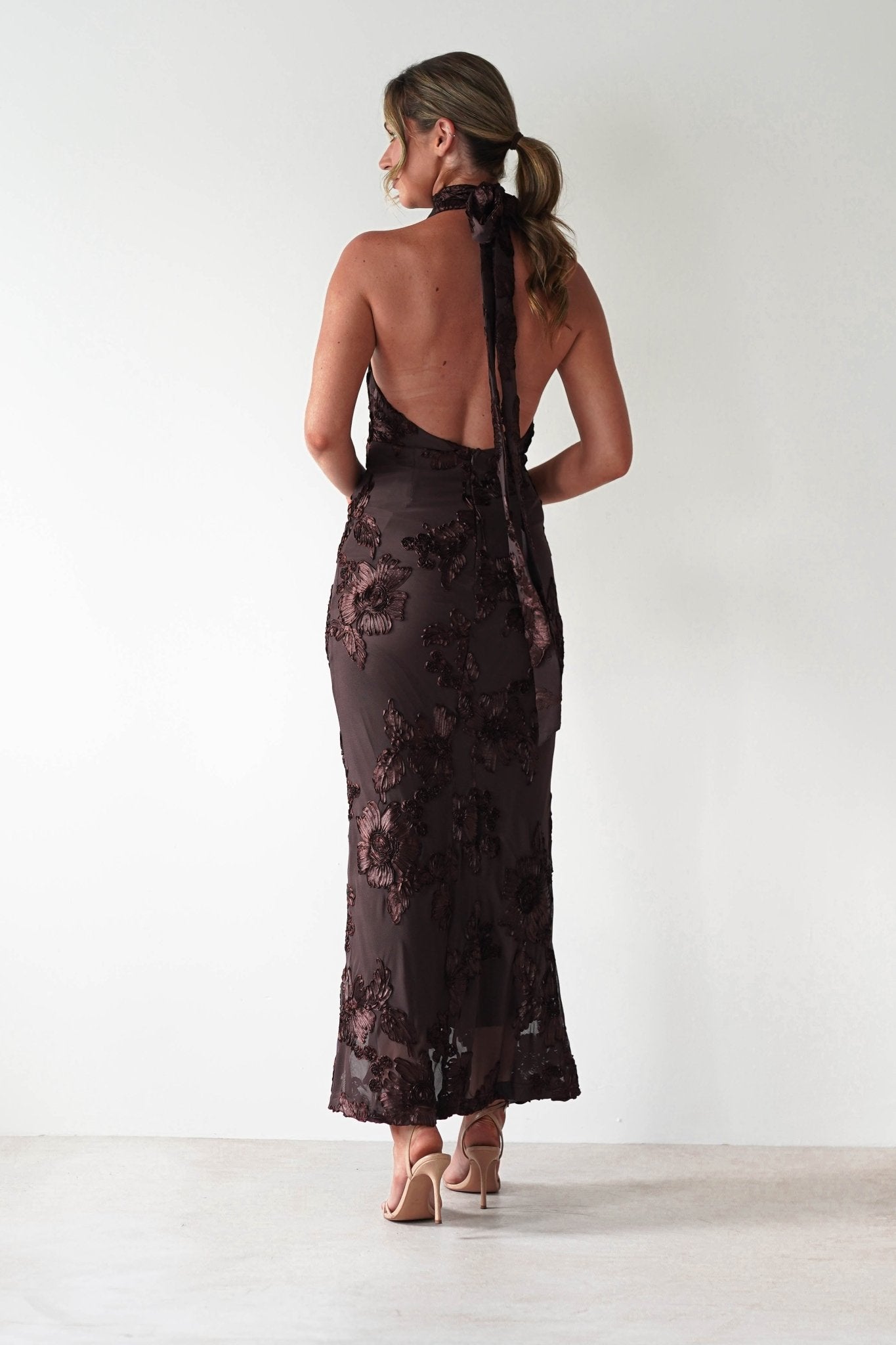 Halsey Tie Back Maxi Dress Brown Textured | Wedding Guest Dress | Maxi | Oh Hello Clothing