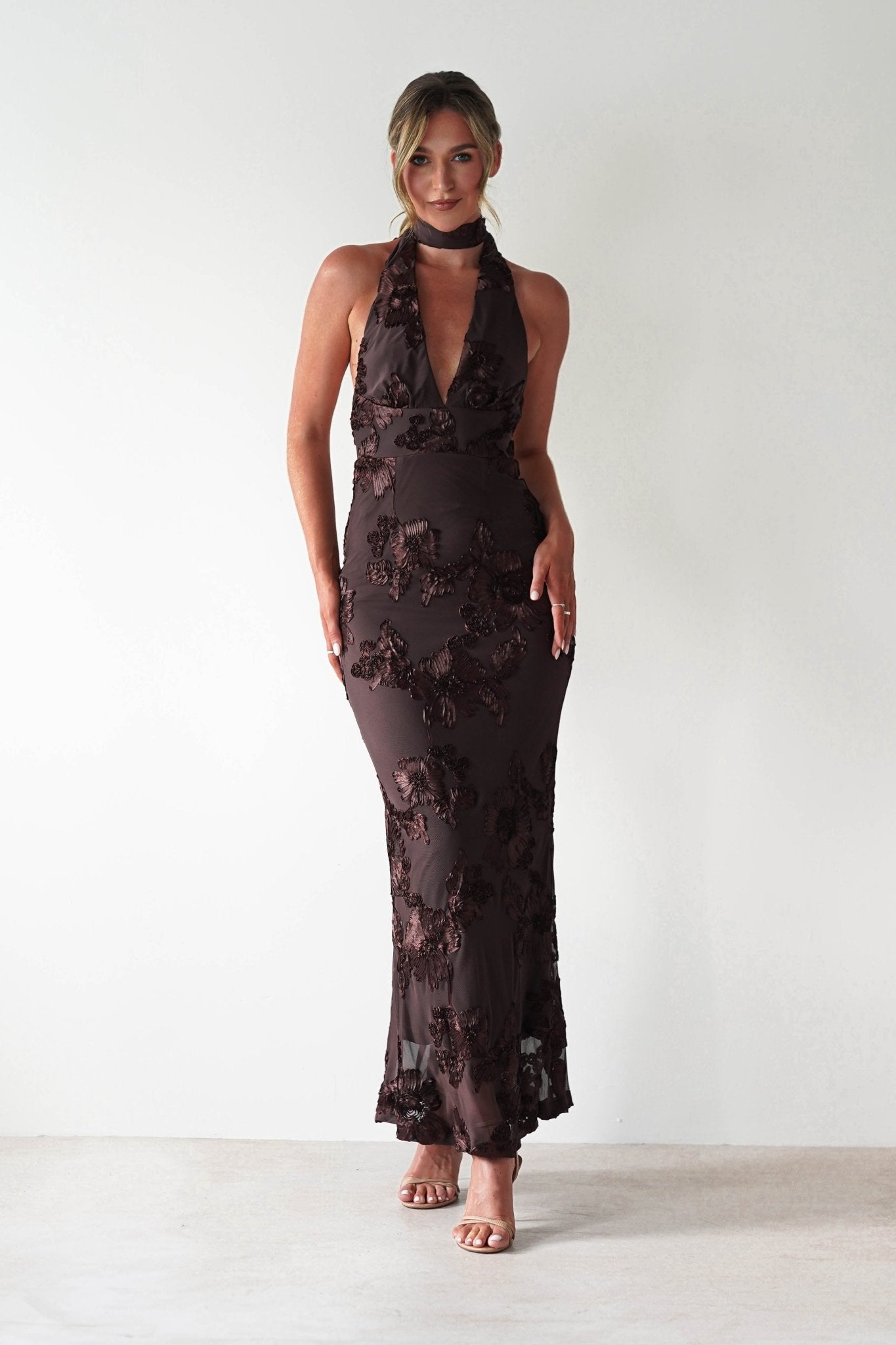 Halsey Tie Back Maxi Dress Brown Textured | Wedding Guest Dress | Maxi | Oh Hello Clothing