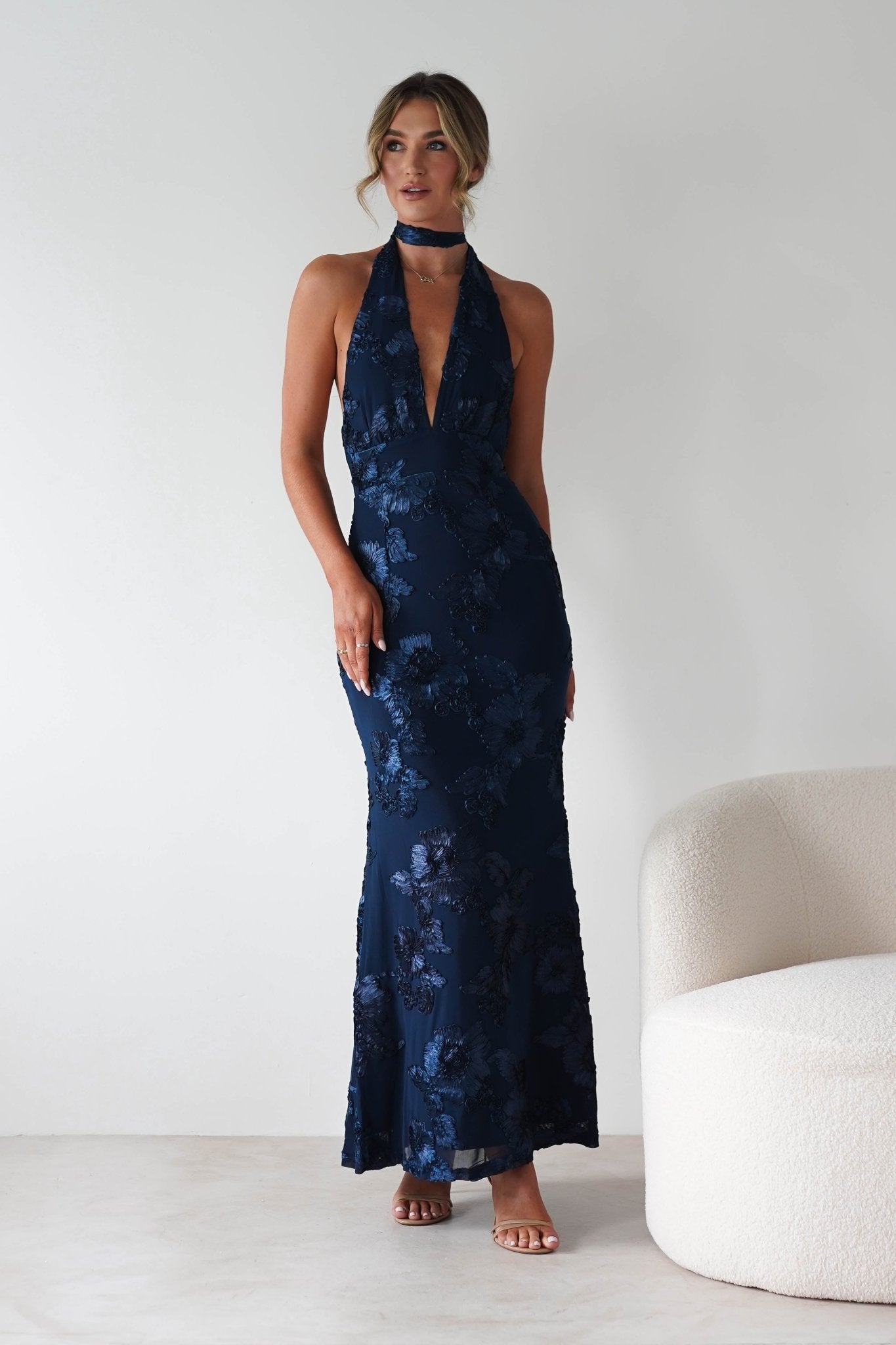 Halsey Tie Back Maxi Dress Navy Textured | Wedding Guest Dress | Maxi | Oh Hello Clothing
