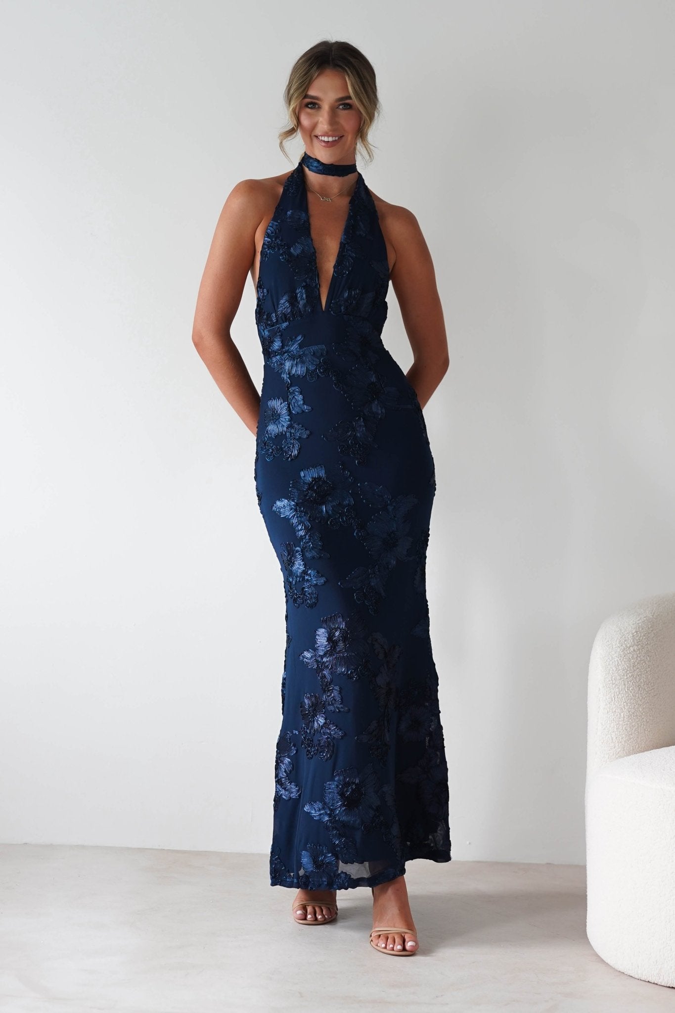 Halsey Tie Back Maxi Dress Navy Textured | Wedding Guest Dress | Maxi | Oh Hello Clothing