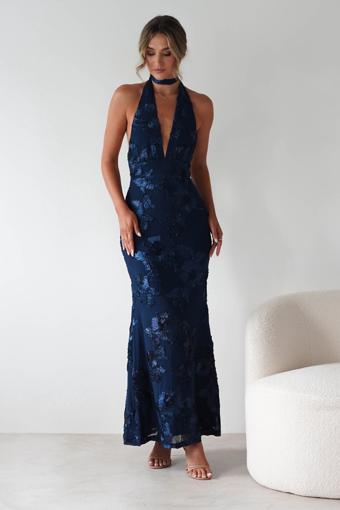 Halsey Tie Back Maxi Dress Navy Textured | Wedding Guest Dress | Maxi | Oh Hello Clothing