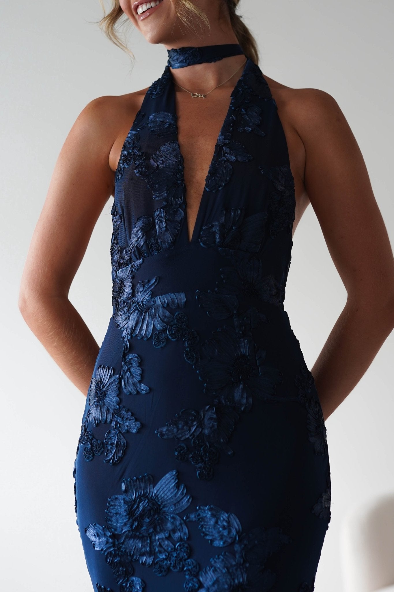 Halsey Tie Back Maxi Dress Navy Textured | Wedding Guest Dress | Maxi | Oh Hello Clothing