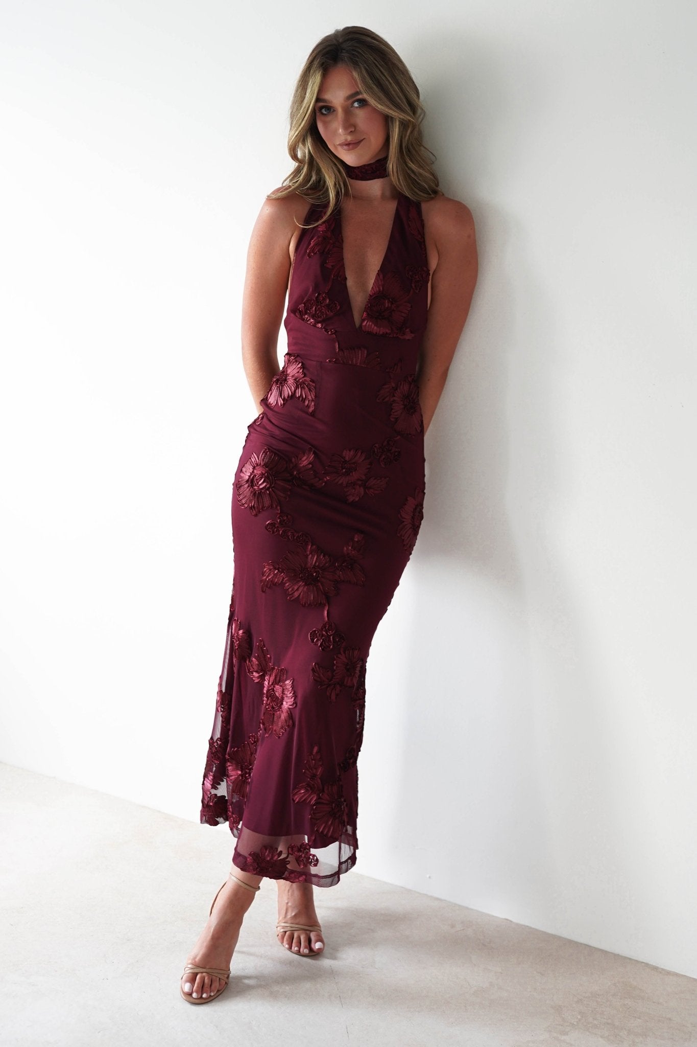 Halsey Tie Back Maxi Dress Wine Textured | Wedding Guest Dress | Maxi | Oh Hello Clothing