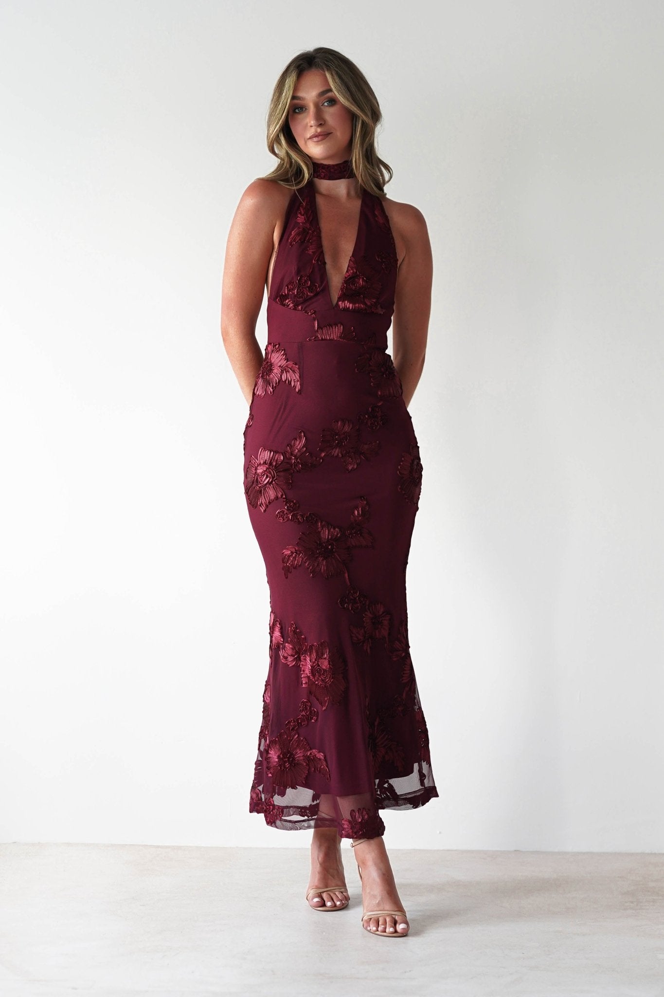 Halsey Tie Back Maxi Dress Wine Textured | Wedding Guest Dress | Maxi | Oh Hello Clothing