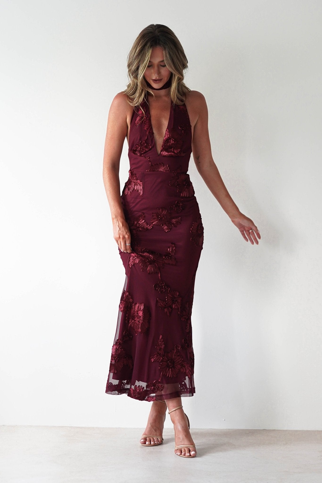 Halsey Tie Back Maxi Dress Wine Textured | Wedding Guest Dress | Maxi | Oh Hello Clothing