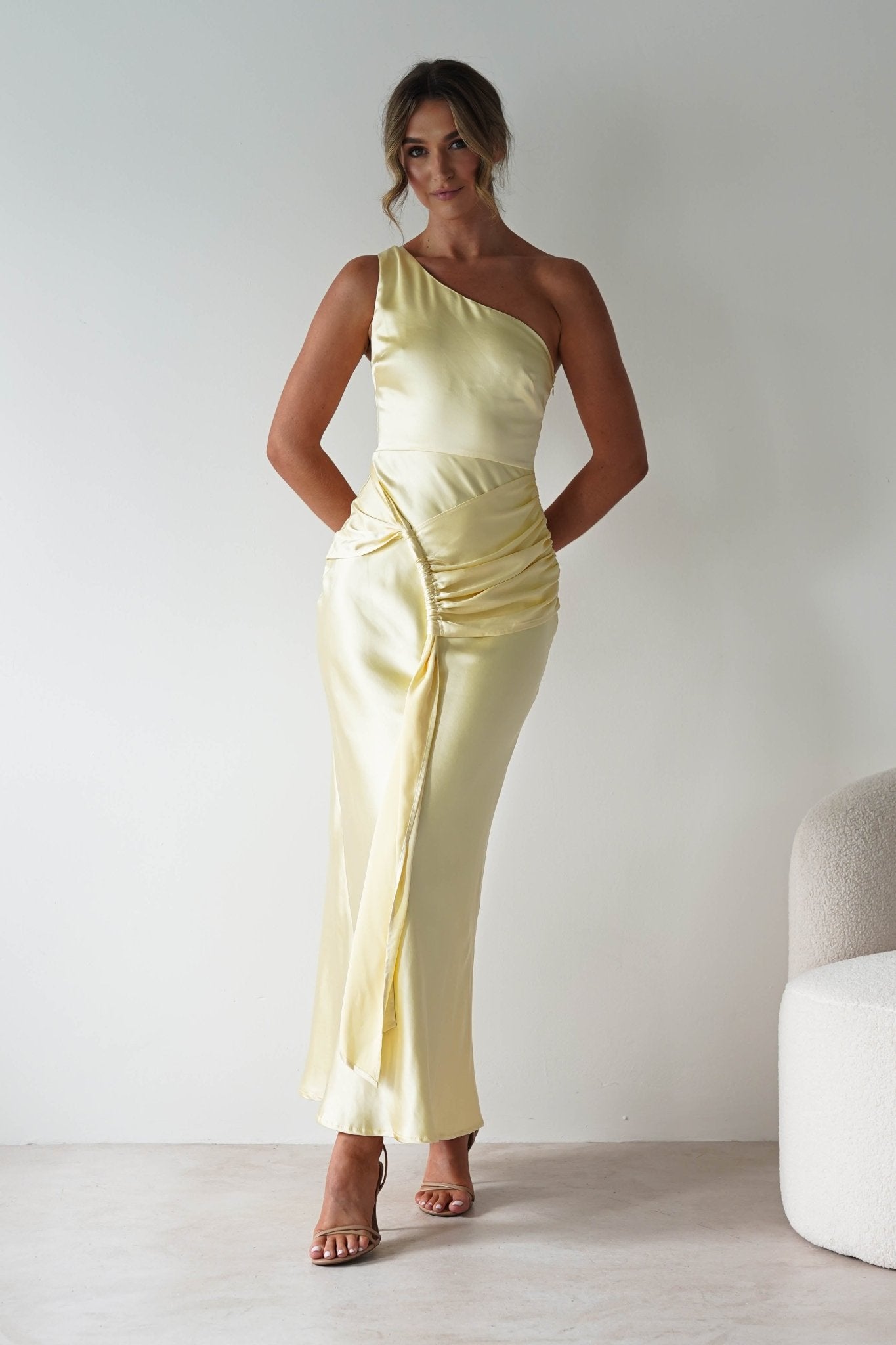 Harissa Soft Satin Maxi Dress Yellow | Wedding Guest Dress | Maxi | Satin | Oh Hello Clothing