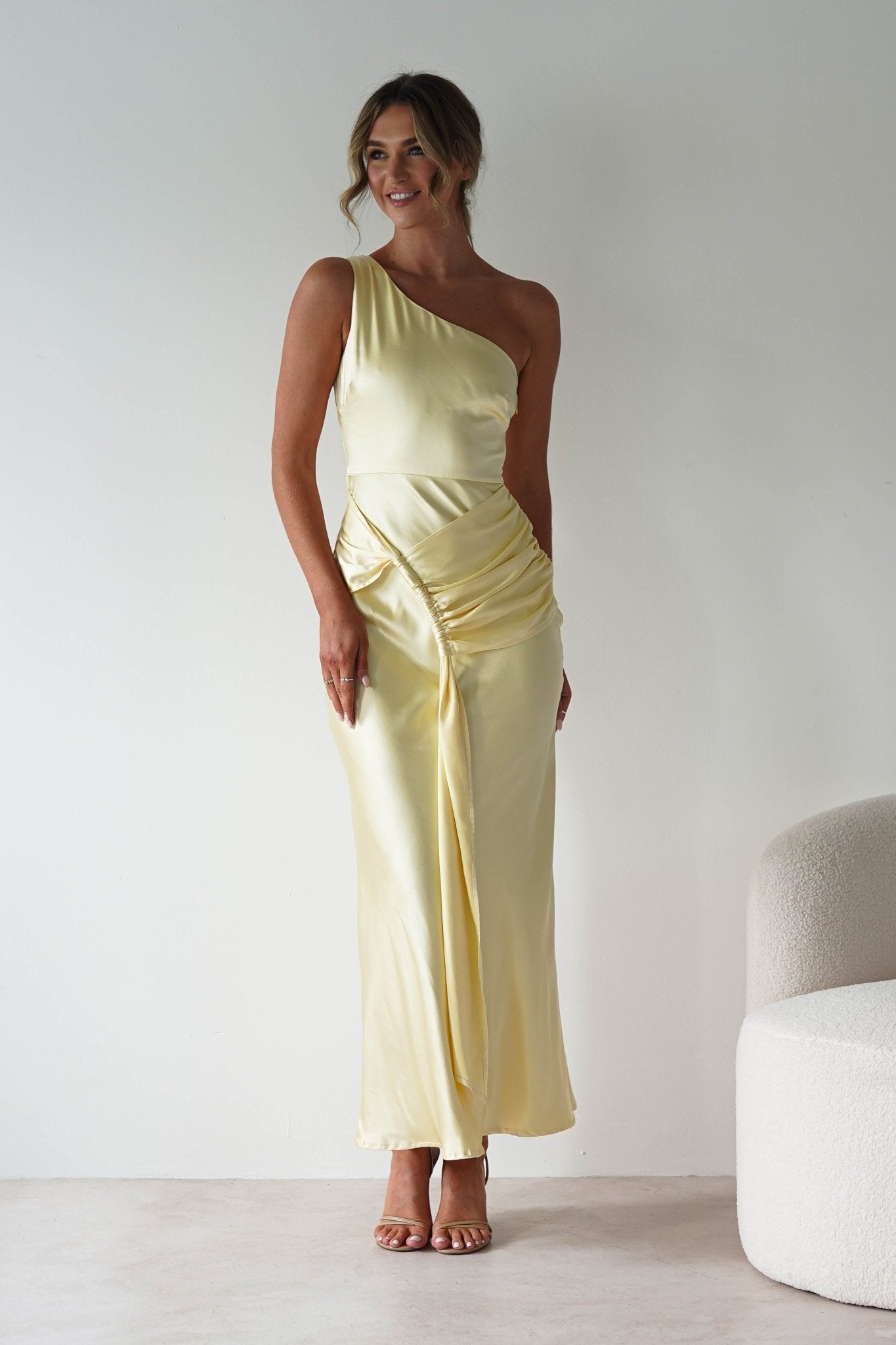 Harissa Soft Satin Maxi Dress Yellow | Wedding Guest Dress | Maxi | Satin | Oh Hello Clothing