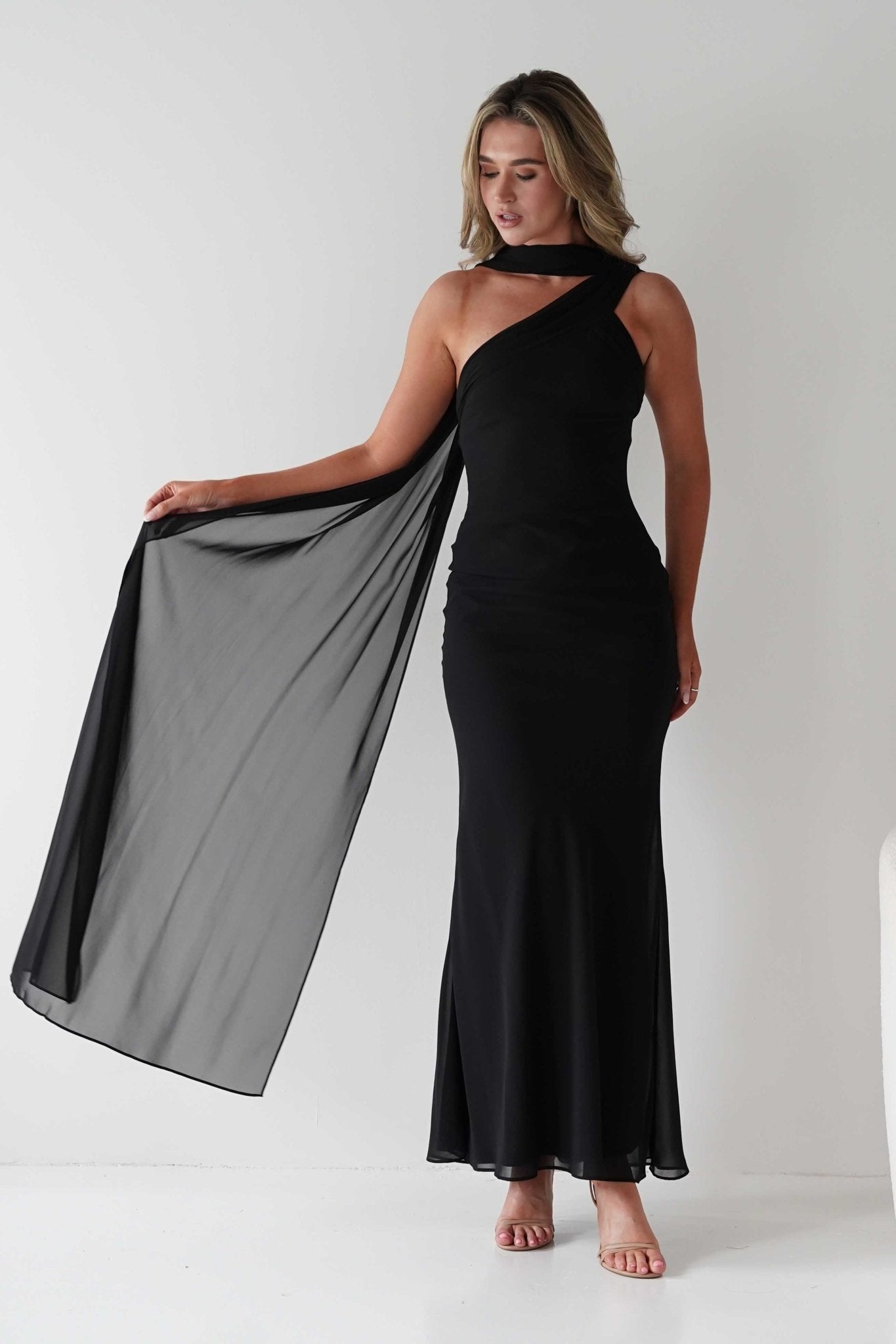 Hathaway Chiffon Drape Maxi Dress Black | Wedding Guest Dress | Maxi | Chiffon | Oh Hello Clothing