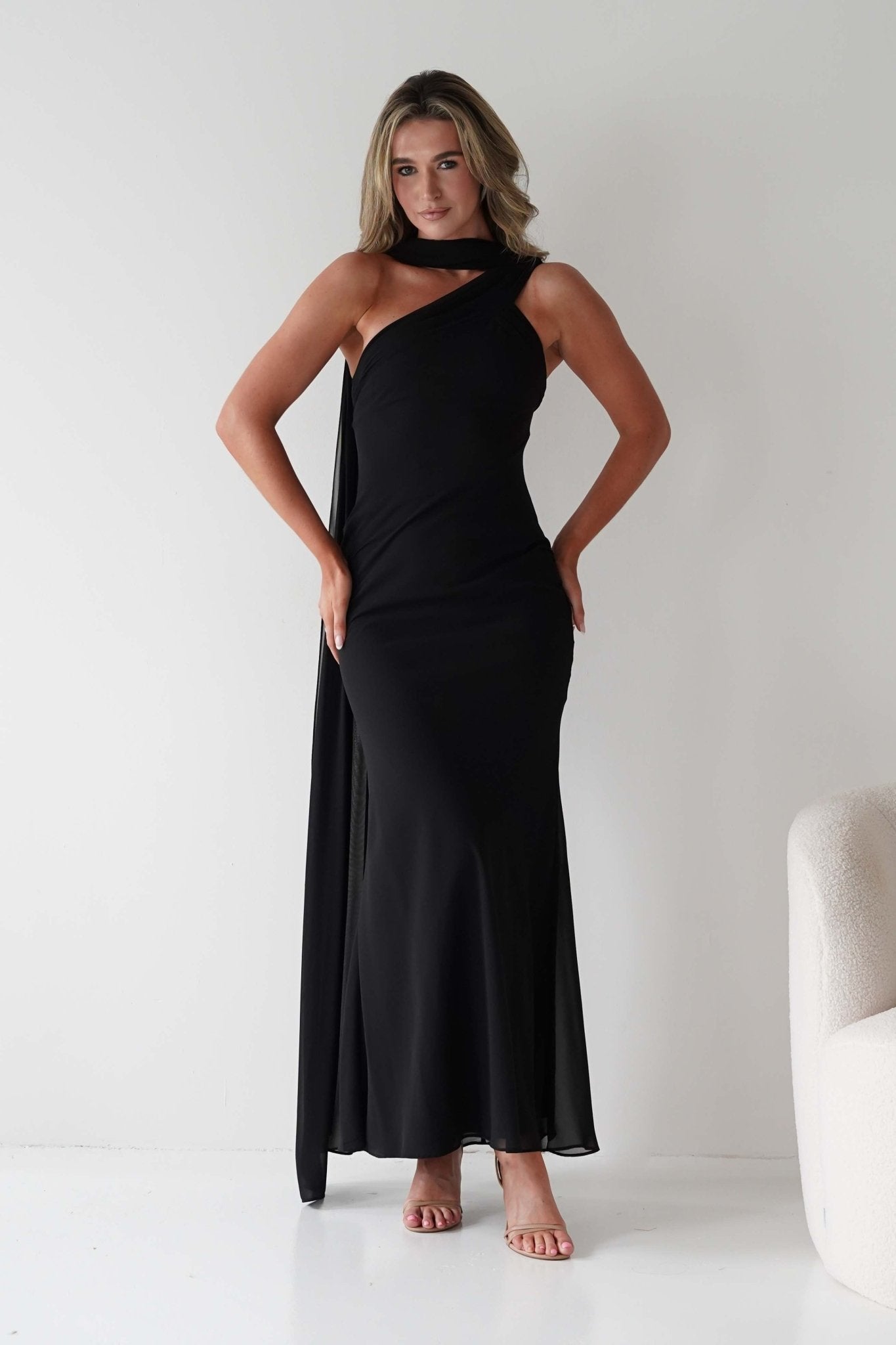 Hathaway Chiffon Drape Maxi Dress Black | Wedding Guest Dress | Maxi | Chiffon | Oh Hello Clothing