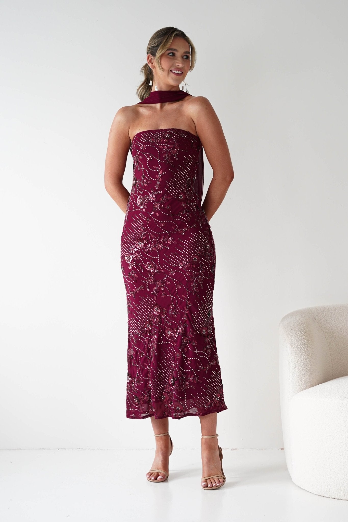 Oh Hello Clothing Dresses 1*DONE -FACTORY-OH25020TSQ- STRAPLESS BEADED DRESS WITH SCARF WINE **