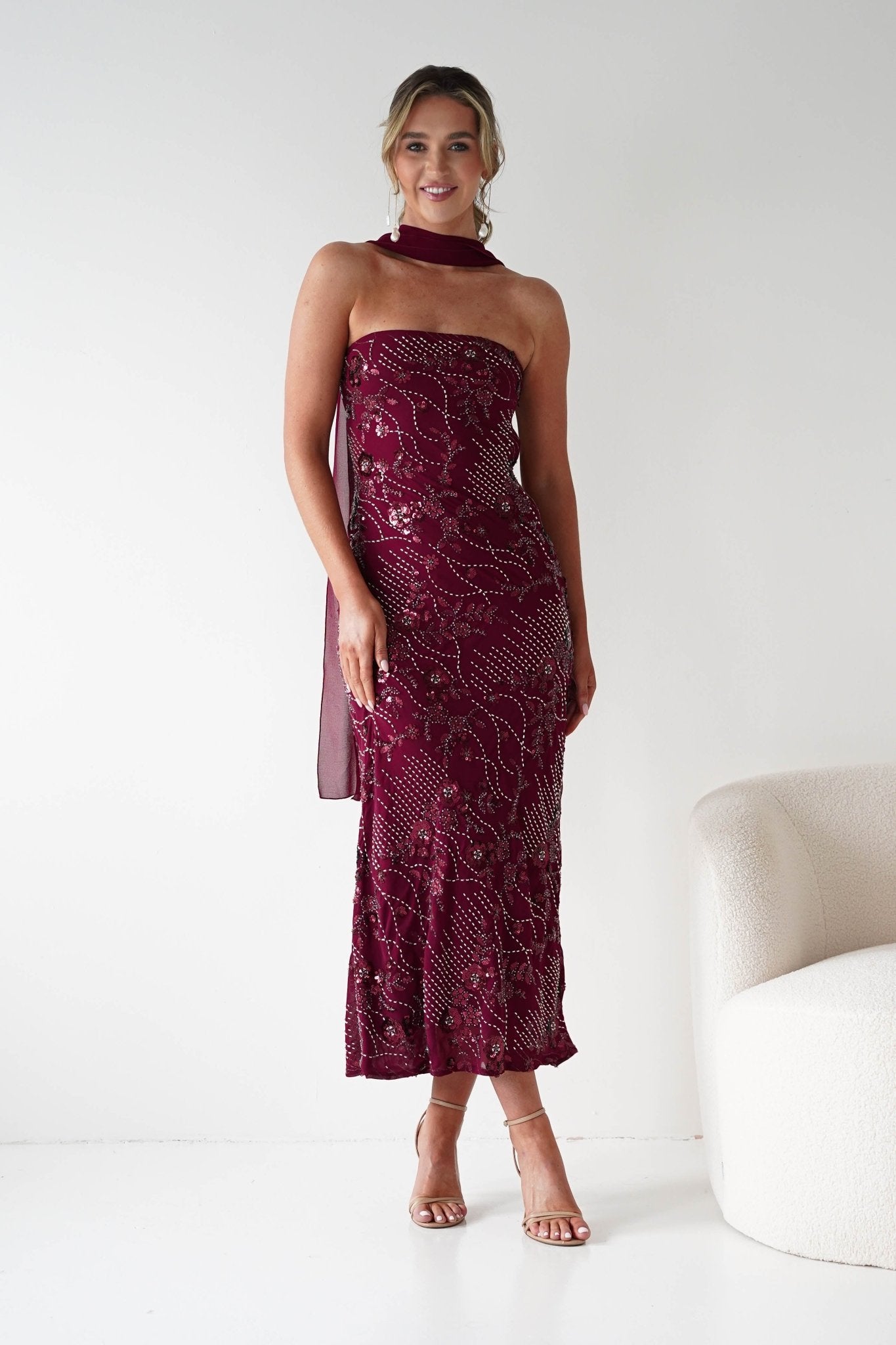 Oh Hello Clothing Dresses 1*DONE -FACTORY-OH25020TSQ- STRAPLESS BEADED DRESS WITH SCARF WINE **
