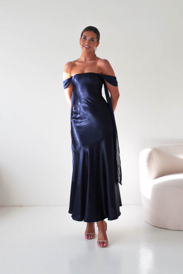 Oh Hello Clothing Women > Clothing > Dresses Helda Off The Shoulder Soft Satin Maxi Dress | Navy