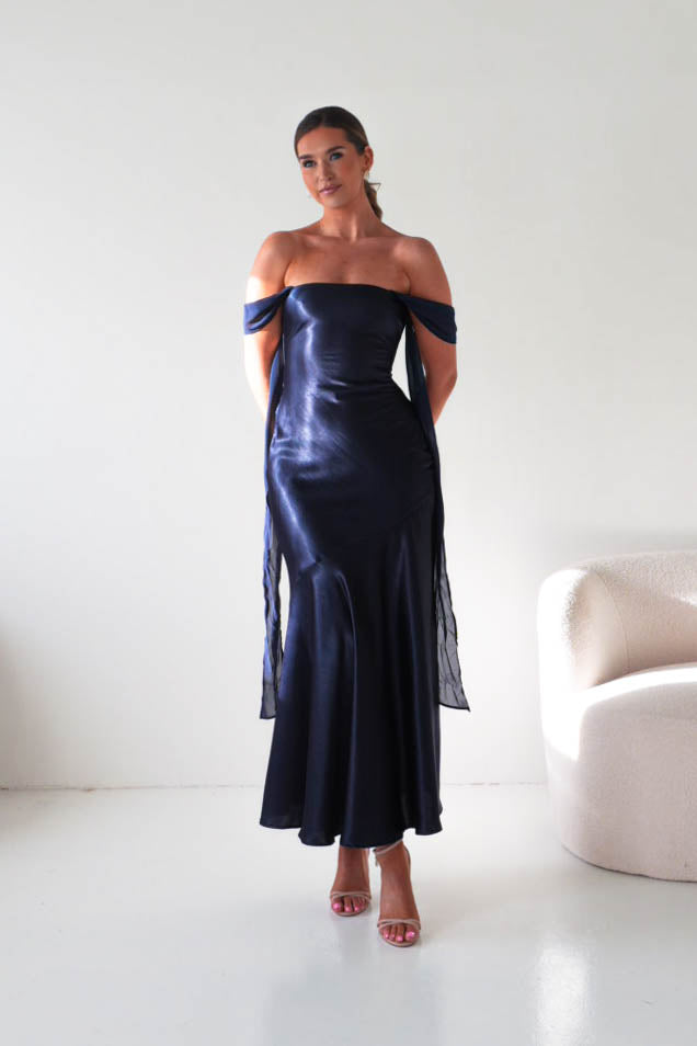 Oh Hello Clothing Women > Clothing > Dresses Helda Off The Shoulder Soft Satin Maxi Dress | Navy