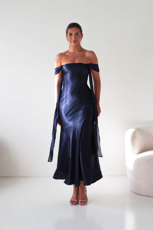 Oh Hello Clothing Women > Clothing > Dresses Helda Off The Shoulder Soft Satin Maxi Dress | Navy