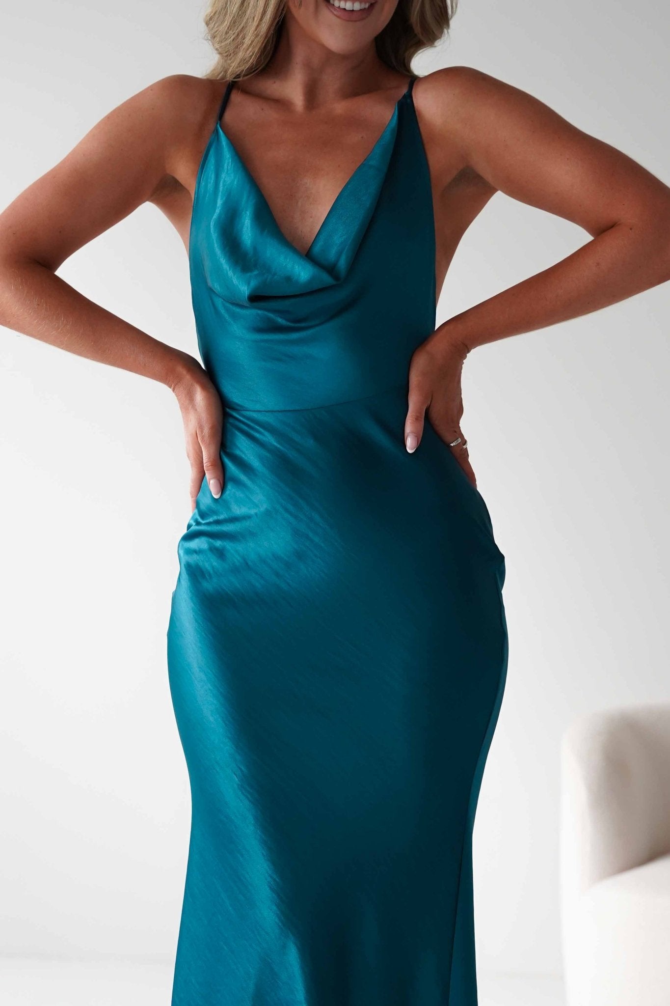 Helga Soft Satin Drape Maxi Dress Teal | Wedding Guest Dress | Maxi | Satin | Oh Hello Clothing