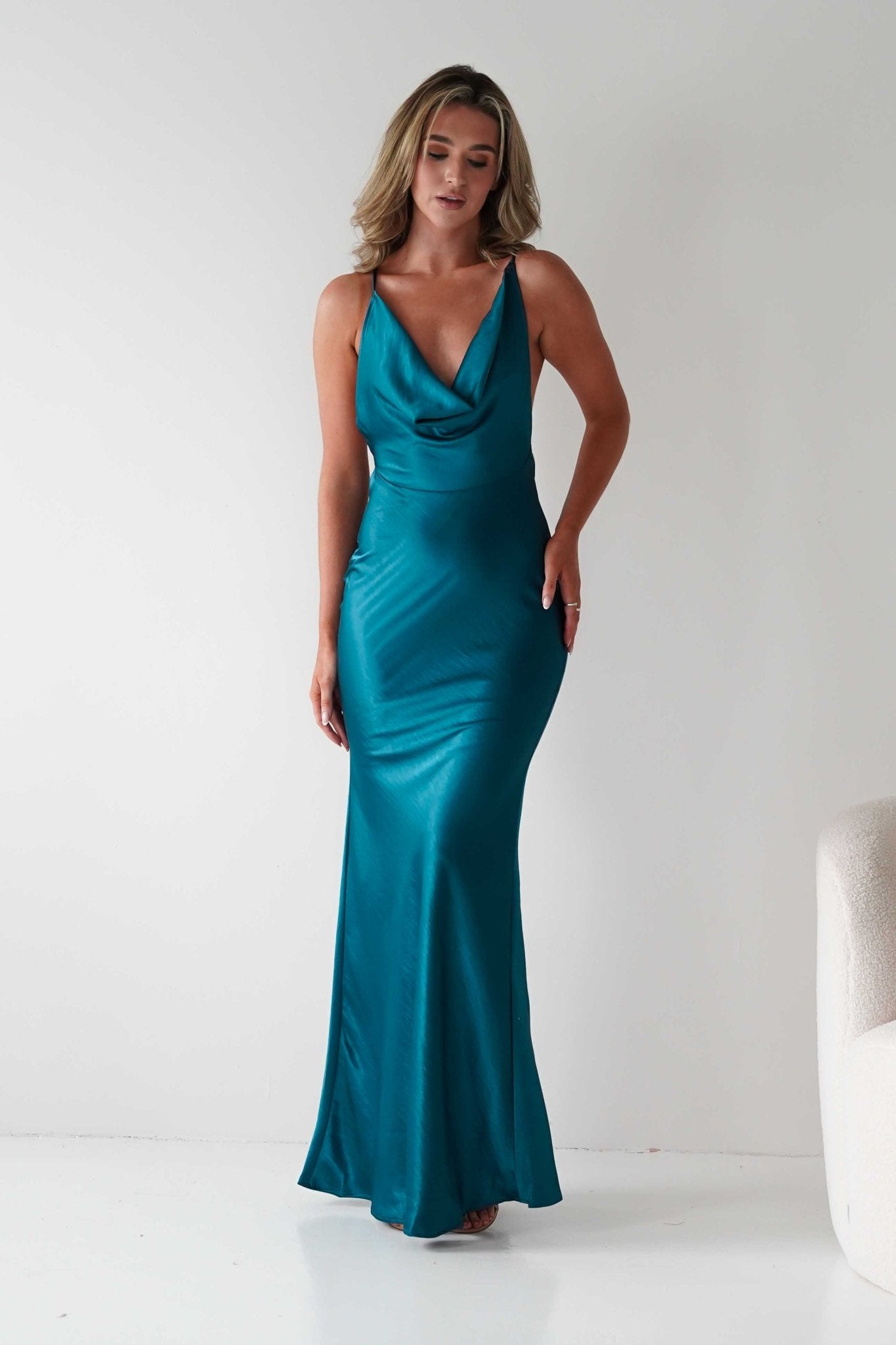 Helga Soft Satin Drape Maxi Dress Teal | Wedding Guest Dress | Maxi | Satin | Oh Hello Clothing