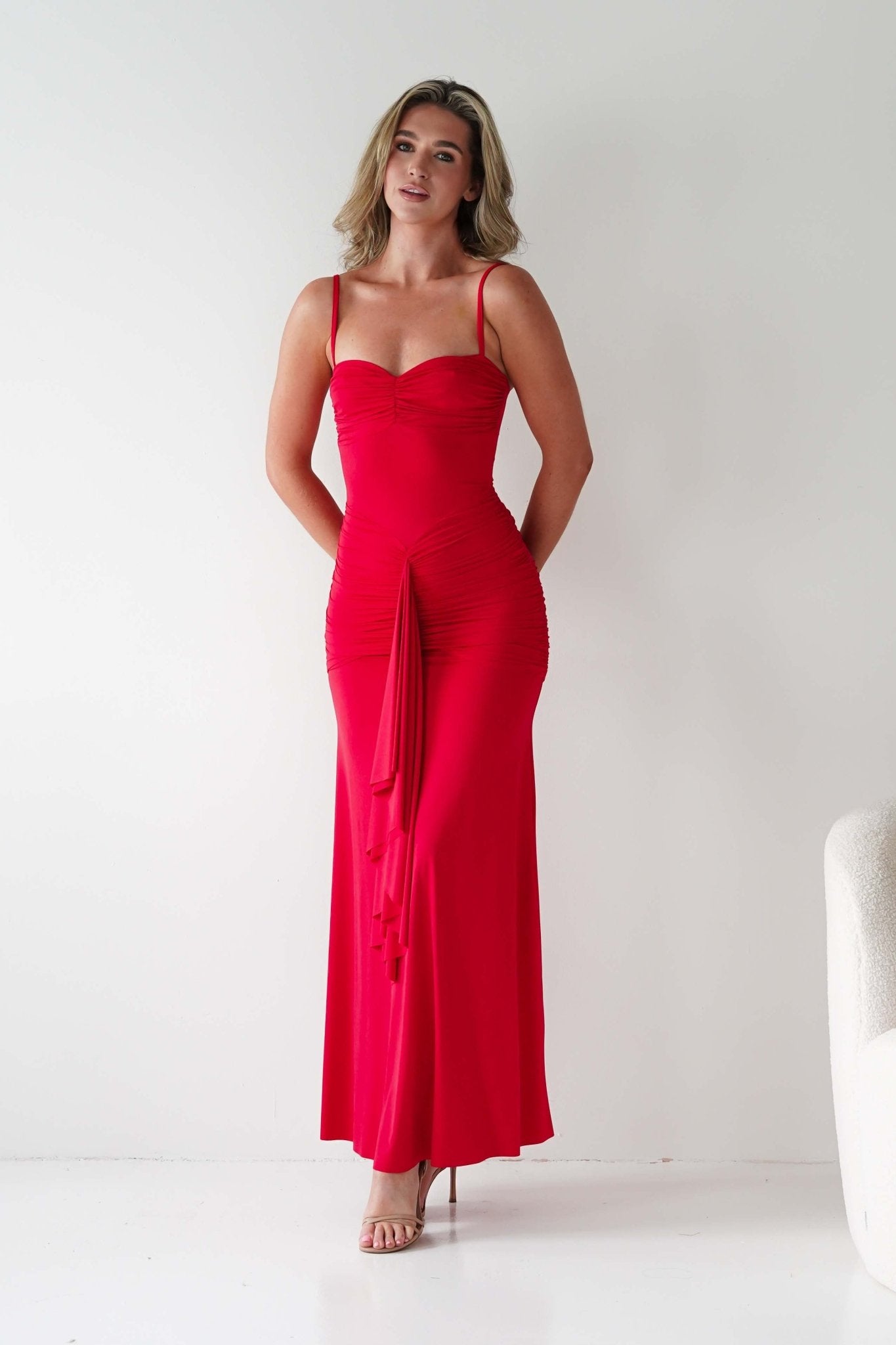 Hera Bodycon Ruffle Maxi Gown Dress | Red | Debs & Prom | Formal Gown | Oh Hello Clothing