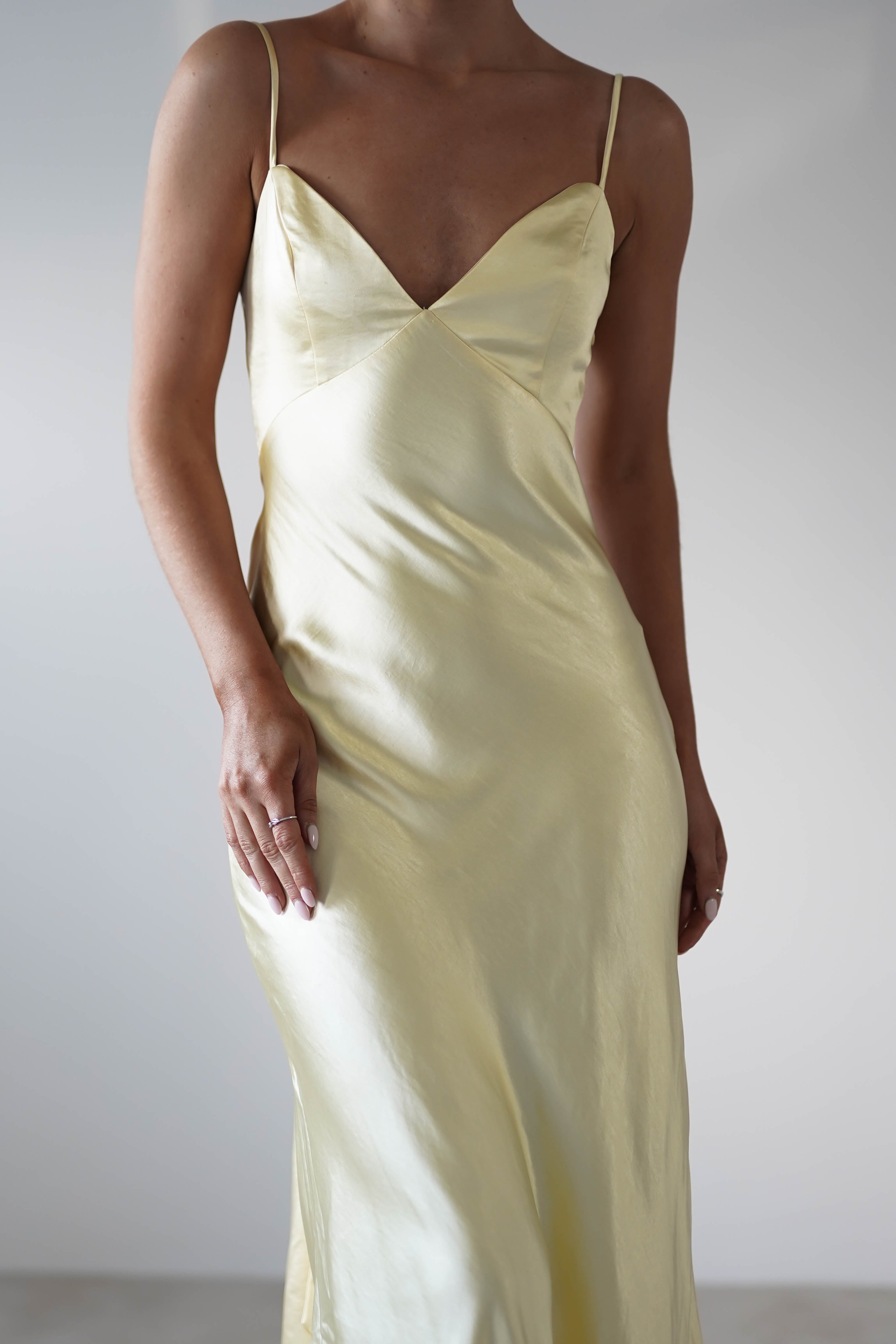 Hermie Silky Satin Maxi Dress Lemon | Wedding Guest Dress | Maxi | Satin | Oh Hello Clothing