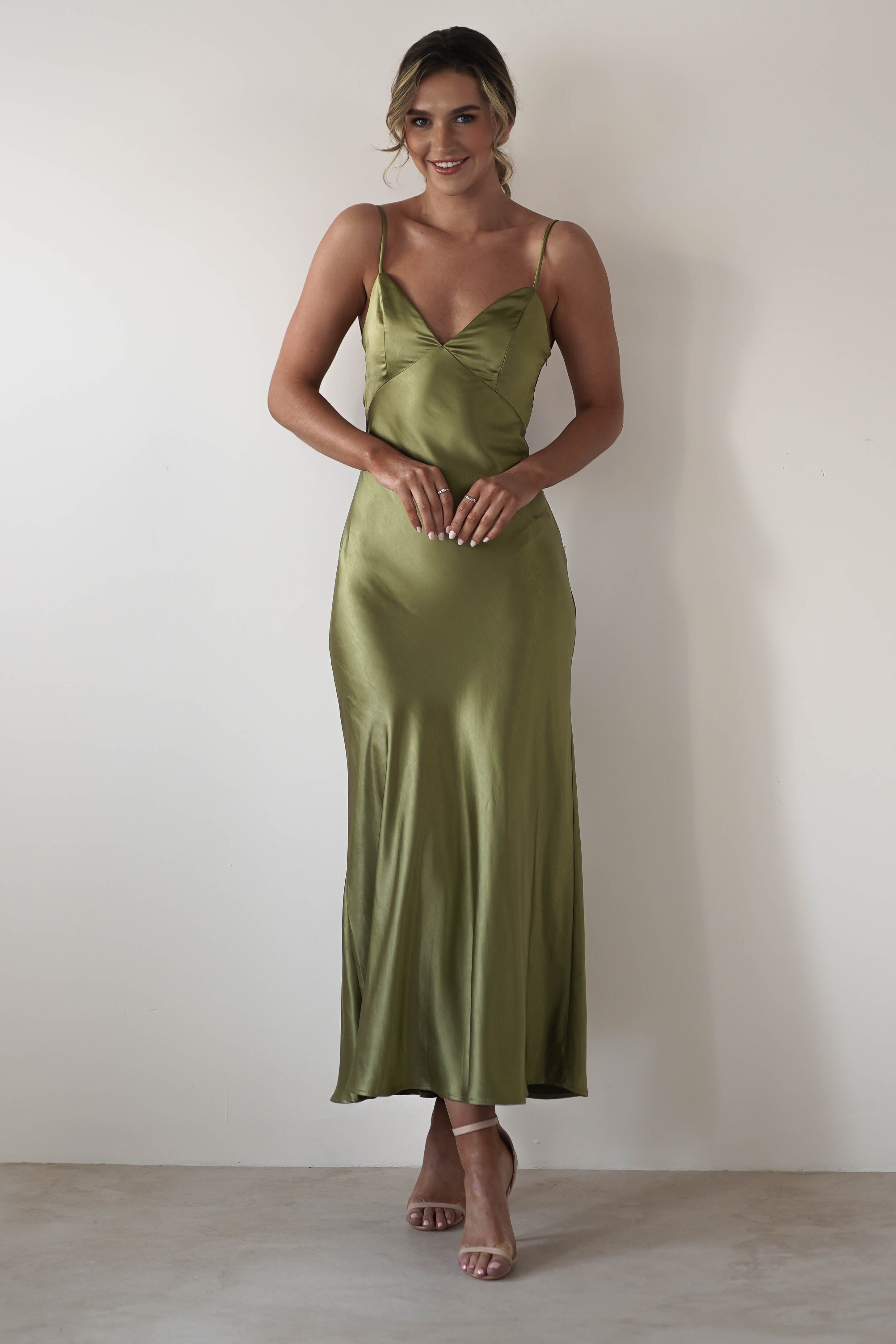Hermie Silky Satin Maxi Dress Olive | Wedding Guest Dress | Maxi | Satin | Oh Hello Clothing