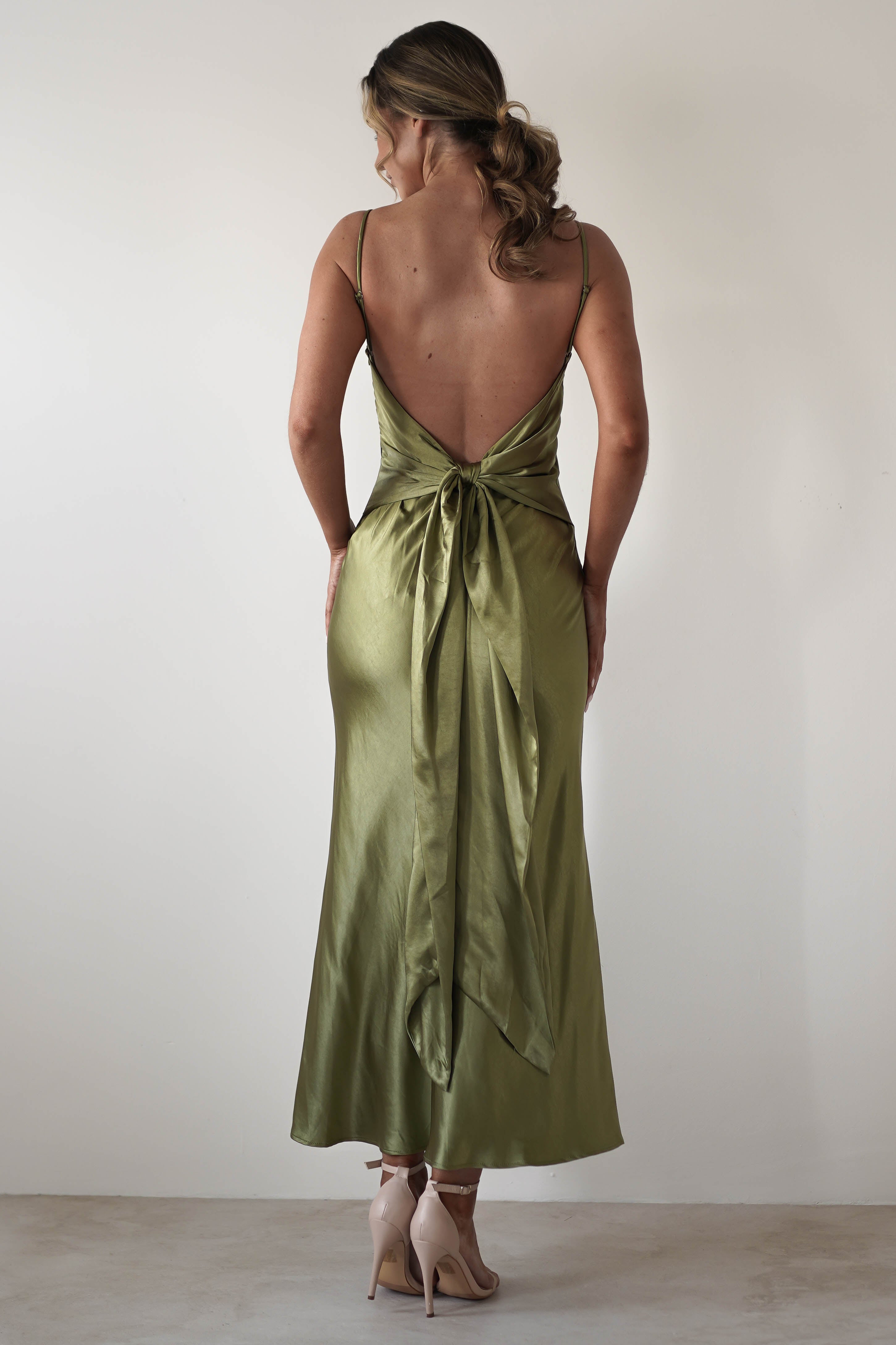 Hermie Silky Satin Maxi Dress Olive | Wedding Guest Dress | Maxi | Satin | Oh Hello Clothing