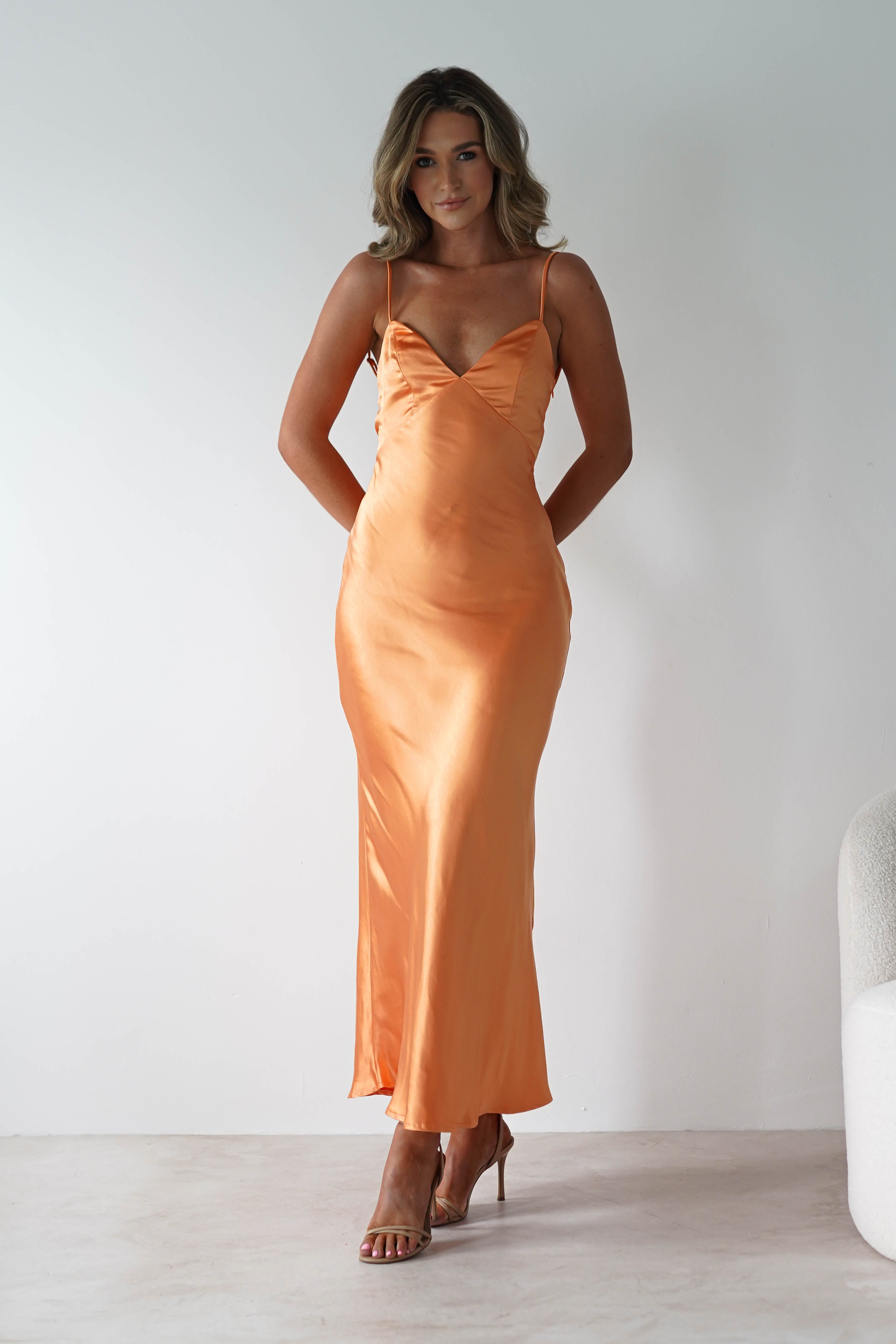 Hermie Silky Satin Maxi Dress Orange | Wedding Guest Dress | Maxi | Satin | Oh Hello Clothing